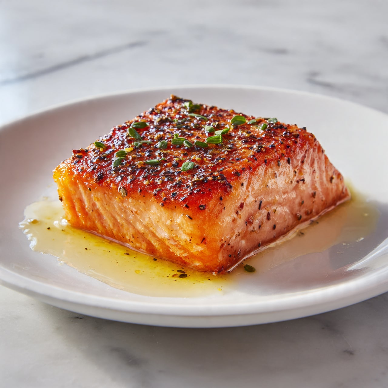 A piece of cooked salmon with a crispy golden-brown top layer, showing grill marks and some black pepper seasoning, is centered on a white plate. The salmon's texture is moist and slightly flaky with a rich orange color underneath the crust. Small green herb pieces are sprinkled on top of the salmon, adding a fresh touch. The plate rests on a white marbled surface, with some shiny oil around the salmon reflecting light. photo taken with an iphone --ar 4:5 --v 7