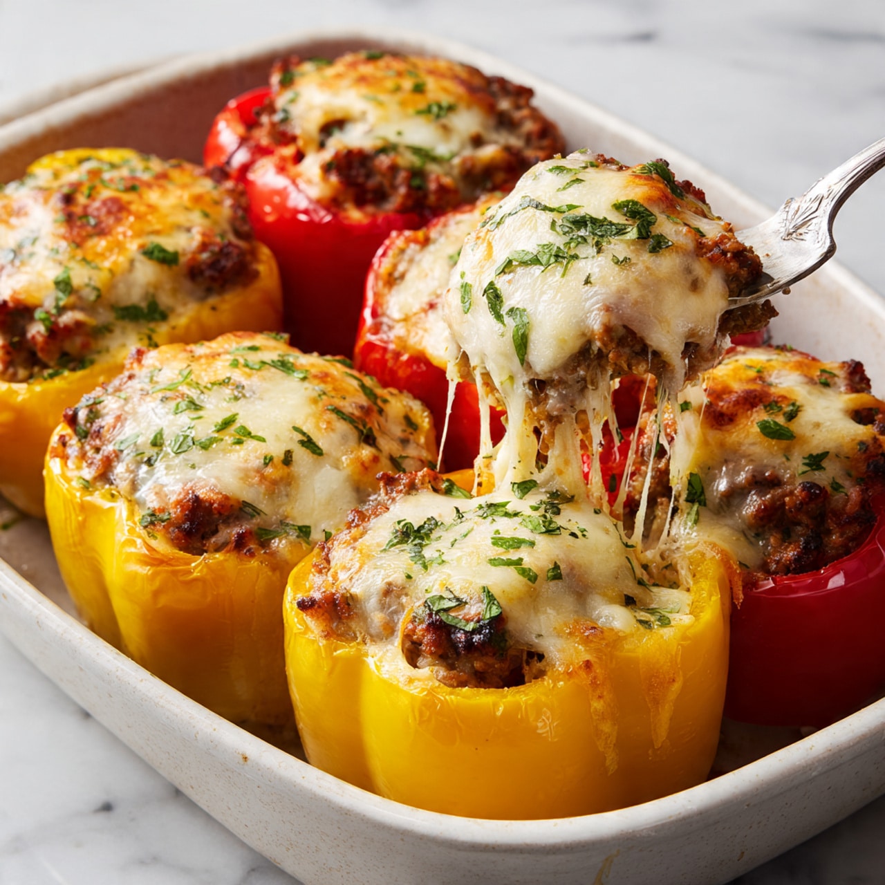 The image shows six stuffed bell peppers in a white baking dish on a white marbled surface. Each pepper is hollowed and stuffed with a ground meat mixture layered with melted cheese on top. The peppers include bright yellow and red colors, with a golden brown, bubbly cheese layer sprinkled with green herbs. A silver fork pulls some melty cheese from a yellow pepper in the foreground, showing the meaty filling beneath the cheese. The focus is close-up, capturing the texture of melted cheese stretching and the juicy filling inside the pepper. Photo taken with an iphone --ar 4:5 --v 7