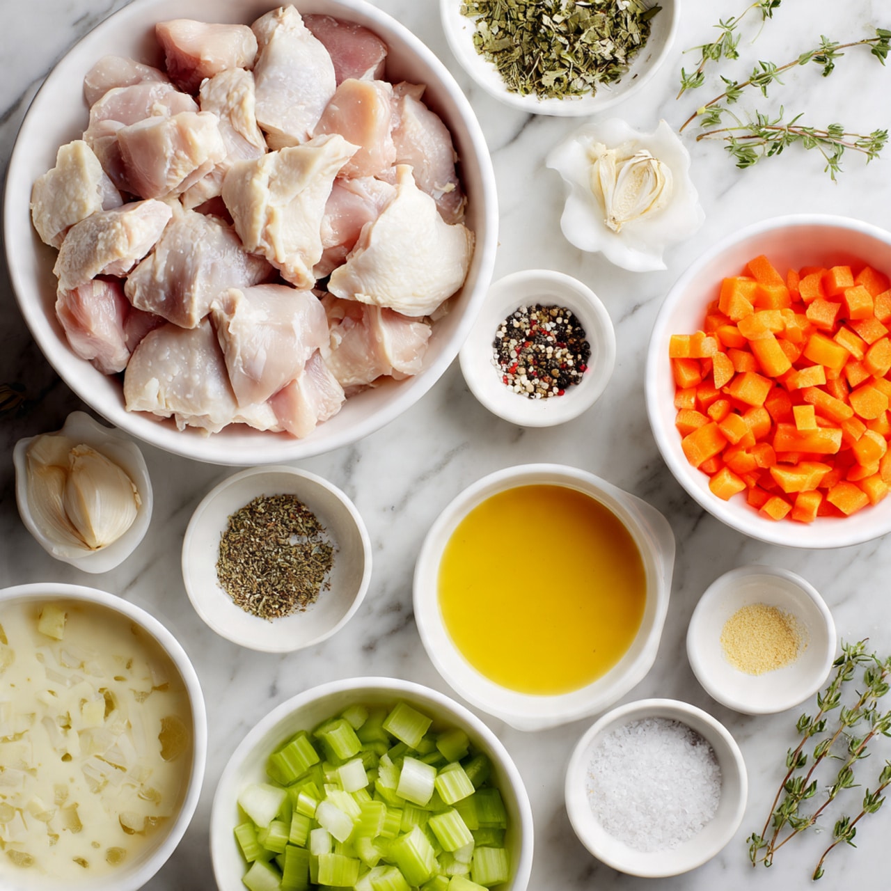 The image shows a white bowl filled with raw chicken pieces at the top center, surrounded by smaller white bowls containing various ingredients. There is a white bowl with yellow sauce at the top right, a bowl of chopped carrots at the lower right, diced celery at the lower left, and a bowl of orange liquid near the bottom center. Other bowls contain creamy white sauce, chopped onions, black pepper, white salt, and dried herbs. The background is a white marbled surface with some green herbs placed near the edges. The overall arrangement is neat and symmetrical. Photo taken with an iphone --ar 4:5 --v 7