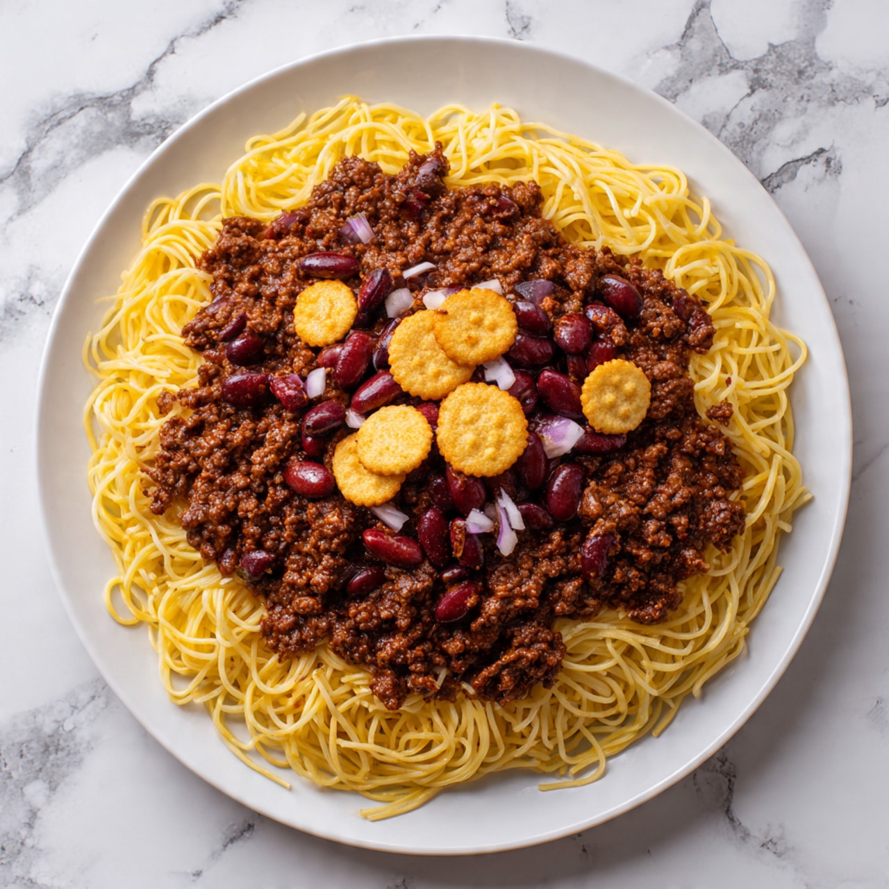 A white plate holds a bed of yellow noodles spread out evenly. On top, there is a thick layer of dark brown cooked ground meat, roughly covering the noodles. Scattered over the meat are small red kidney beans, with a few bits of chopped red onion sprinkled on one side. There are also small round cracker pieces placed on top, adding texture. The plate sits on a white marbled surface. Photo taken with an iphone --ar 4:5 --v 7