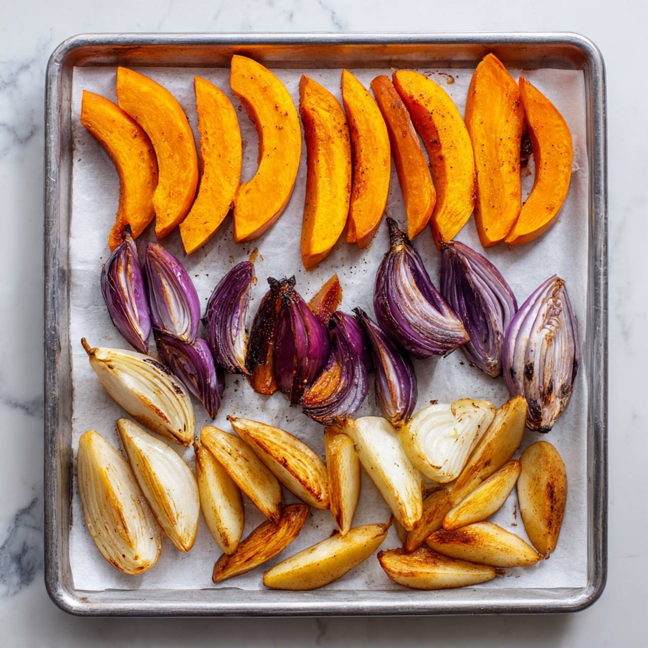 A baking tray on a white marbled surface holds three kinds of roasted vegetables arranged in three rows: the top row has large, bright orange pumpkin slices with a slightly charred outer edge; the middle row contains small, purple and white wedges of roasted red onion with a soft texture; the bottom row shows light brown roasted pear slices with smooth skin and a caramelized surface. The tray is lined with white parchment paper, creating a neat and colorful display. Photo taken with an iphone --ar 4:5 --v 7