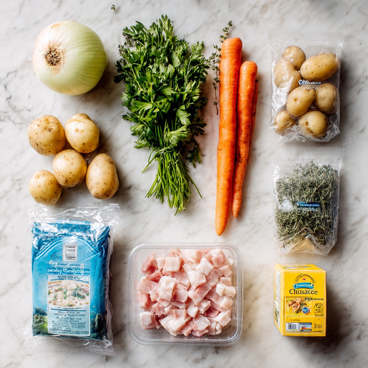 A mixture of raw ingredients arranged neatly on a white marbled surface includes a whole yellow onion at the top left, a package of bright orange British carrots below it, two packs of fresh green flat leaf parsley and thyme positioned at the top center and right, two clear packs of small light brown British miniature potatoes at the middle right, a blue-labeled pack of frozen fish pie mix at the bottom left, two clear containers of pink and white diced smoked pancetta stacked vertically at the center bottom, and a yellow box of chicken stock cubes at the bottom right. The colors contrast with the white marbled background, showing a variety of fresh and packaged components. photo taken with an iphone --ar 4:5 --v 7