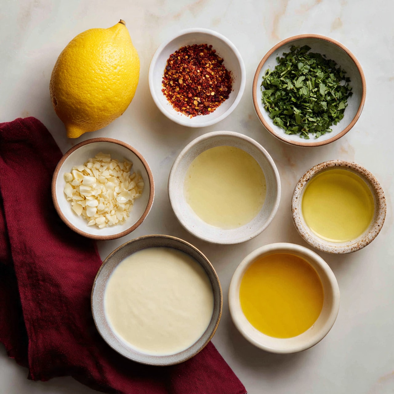 The image shows seven white bowls arranged on a white marbled surface, with a bright yellow lemon on the top left next to a dark red cloth. The first row has a small bowl filled with chopped green herbs on the right. The second row has two small bowls: one with a mix of reddish-brown and light brown spices on the left, and another with finely minced garlic on the right. The third row has two small bowls with clear liquids, one pale yellow on the left and a richer golden yellow on the right. At the bottom, there is a larger bowl with a creamy white liquid. Photo taken with an iphone --ar 4:5 --v 7