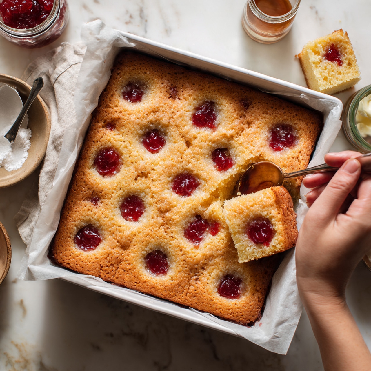 A rectangular baked pastry sits in a black baking tray on a white marbled surface. The pastry has a golden-brown top with a soft, slightly bumpy texture and is covered with a thin layer of white icing glaze drizzled unevenly across the surface. There are visible spots of dark red fruit filling, likely strawberry, peeking through the dough in several places, adding a contrast of color. Some fresh strawberries are partially visible near the bottom right corner of the image, while blurred peaches and spice shakers appear in the background. photo taken with an iphone --ar 4:5 --v 7