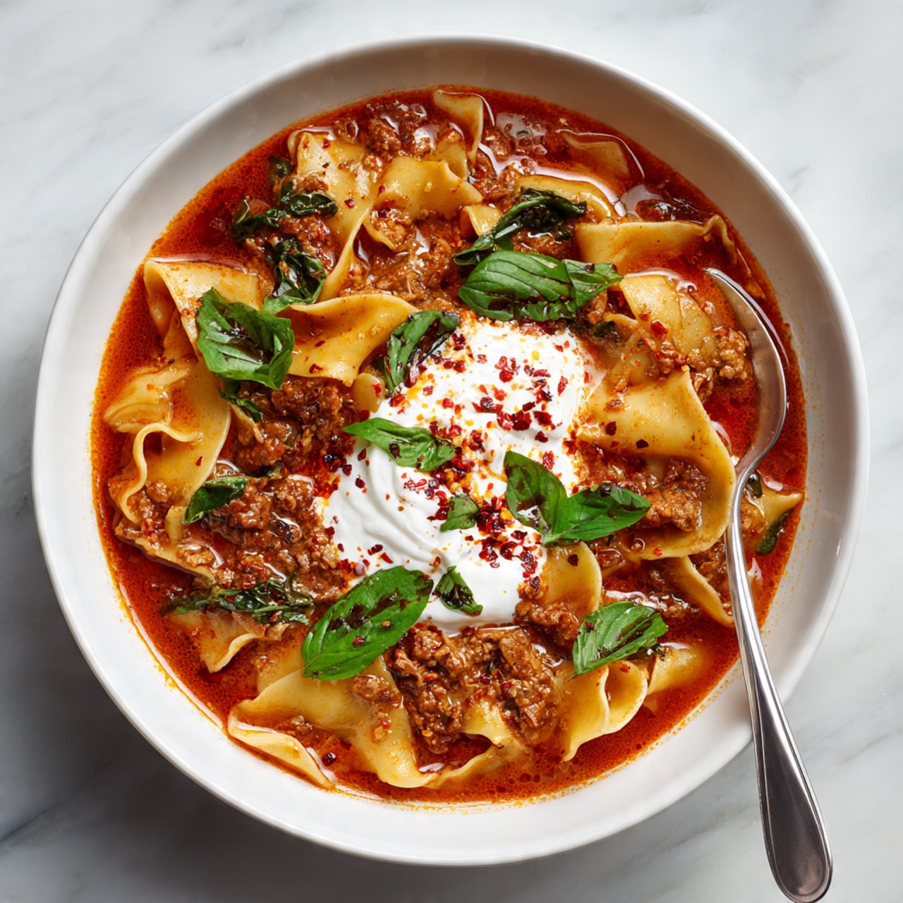 A white bowl filled with a thick, reddish-brown soup containing wide, wavy-edged noodles and small pieces of meat. On top, there is a dollop of creamy white sauce sprinkled with red spices and fresh green basil leaves. A spoon rests inside the bowl on the right side, partially submerged in the soup. The bowl sits on a white marbled surface. Photo taken with an iphone --ar 4:5 --v 7