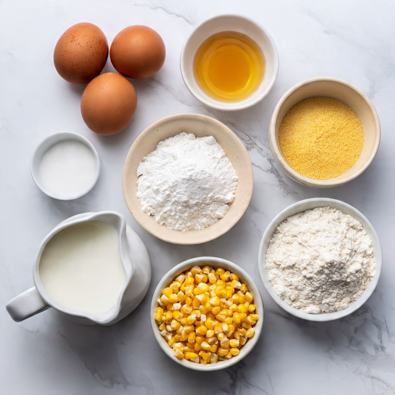 The image shows nine cooking ingredients placed separately on a white marbled surface. At the top center are two brown eggs side by side. To the right of the eggs is a small white bowl with light yellow oil. Below the eggs, a small beige bowl holds a clear amber liquid. To the left of the eggs, a small white bowl contains white baking powder and salt mixed together on one side. At the center bottom, there is a white bowl filled with bright yellow corn kernels. To the right of the corn, there is a white bowl filled with a white powder, likely flour. Below the flour bowl, another white bowl contains a fine, yellow cornmeal. On the bottom left, a white jug with a handle holds milk. Above the jug with milk, another bowl contains white sugar. The whole setup is clean, simple, and well-arranged. photo taken with an iphone --ar 4:5 --v 7