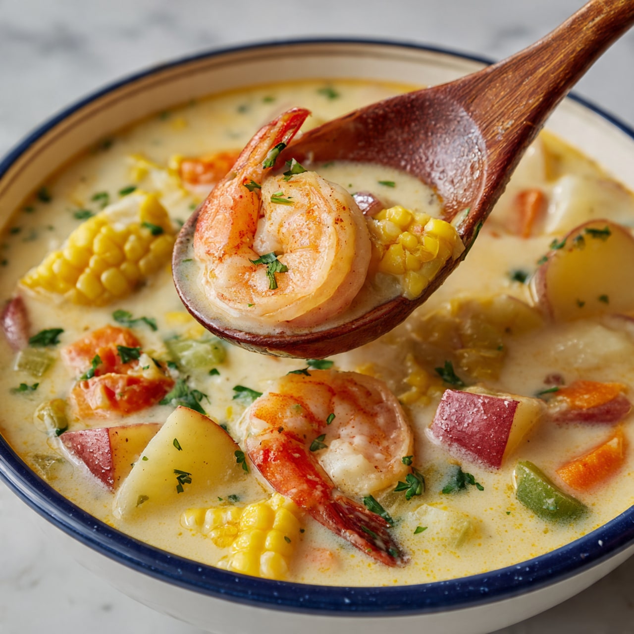 The image shows a close-up view of a creamy soup in a white bowl with a bluish rim, filled with several layers of ingredients. The base layer is a light yellow creamy broth with a smooth texture. Floating on the surface are layers of bright yellow corn kernels, soft pink shrimp, and small cubes of red-skinned potatoes and white potatoes. There are bits of orange carrots, green celery, and small pieces of parsley sprinkled throughout the soup. A wooden spoon is dipped into the bowl lifting some shrimp, potatoes, corn, and broth, giving the image a fresh and rich look. The background is a white marbled texture photo taken with an iphone --ar 4:5 --v 7