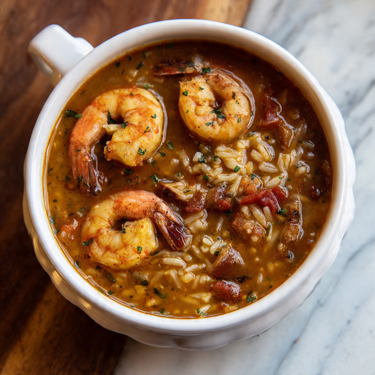 The image shows a white bowl filled with a thick reddish-brown soup that has a rich, chunky texture. The soup contains several orange shrimps with their tails curled, pieces of tender brown meat, and visible grains of rice spread evenly throughout the broth. The bowl has a small handle and is placed on a wooden surface, but the background and surface have a white marbled texture for the picture. The edges of the bowl are scalloped, giving it a delicate look. photo taken with an iphone --ar 4:5 --v 7