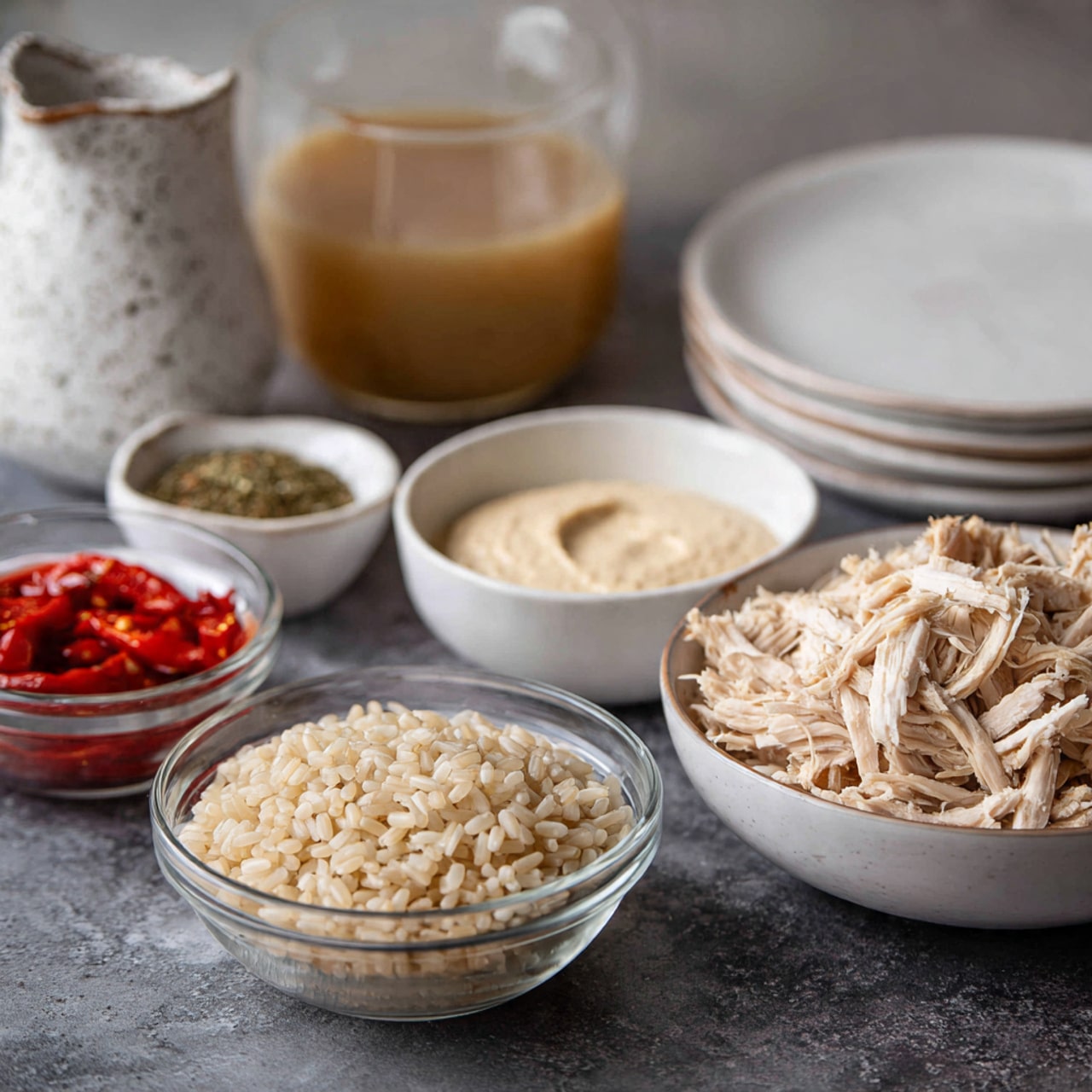 The image shows several clear and white bowls placed on a dark surface with a white marbled texture. Starting with a transparent bowl filled with shredded white chicken meat, to the right is a small glass bowl with bright red roasted peppers with a smooth, slightly wrinkled texture. Below that, there is a white bowl filled with cooked brown rice, showing plump grains that are soft and slightly shiny. Above the rice bowl is a clear glass jug with light brown chicken broth. Next to the jug, a white bowl holds smooth, creamy light beige hummus with a softly textured surface. Above the hummus bowl, there is a small clear bowl with green dried herbs, white coarse salt, and a small amount of red spice. White plates are stacked in the top right corner. A white ceramic jug with a speckled pattern and a small curved spout is seen on the left side of the image. The photo is taken with an iphone --ar 4:5 --v 7