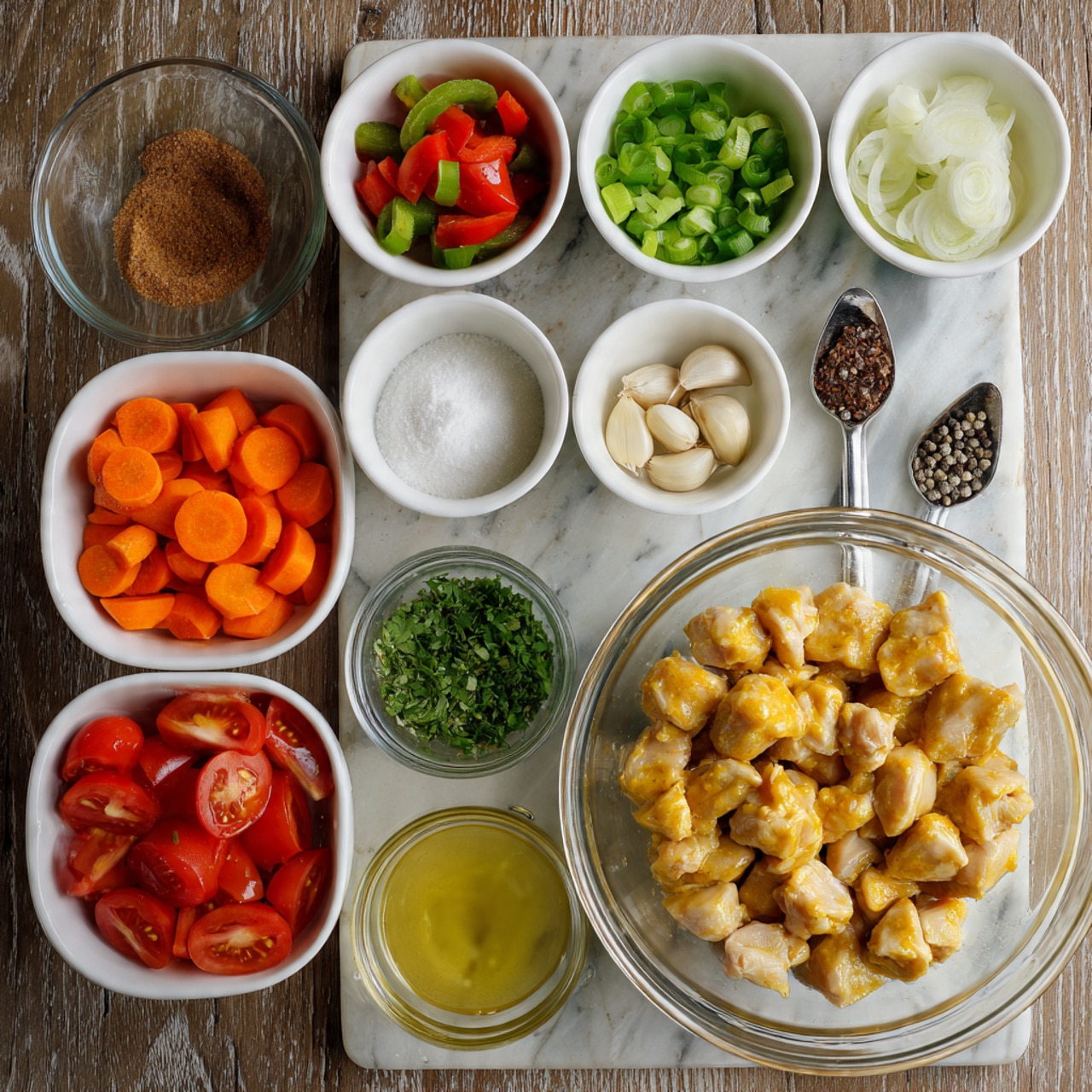 The image shows a top-down view of a wooden table with multiple white bowls and clear glass bowls containing various ingredients arranged neatly. In the bottom right, there is a large clear glass bowl filled with raw chicken pieces that have a light yellow marinade on them. Above it, there are small white bowls with chopped green onions, chopped red and green peppers, and brown sugar. In the center, a white bowl holds chopped white onions, next to three whole garlic cloves and two measuring spoons filled with salt and black pepper. On the left side, a white bowl contains cut orange carrots and tomato wedges. There are also two clear empty glass bowls, a small white bowl with light yellow liquid, and a small white bowl with a green herb mixture. All bowls are placed on a white marbled texture surface. Photo taken with an iphone --ar 4:5 --v 7
