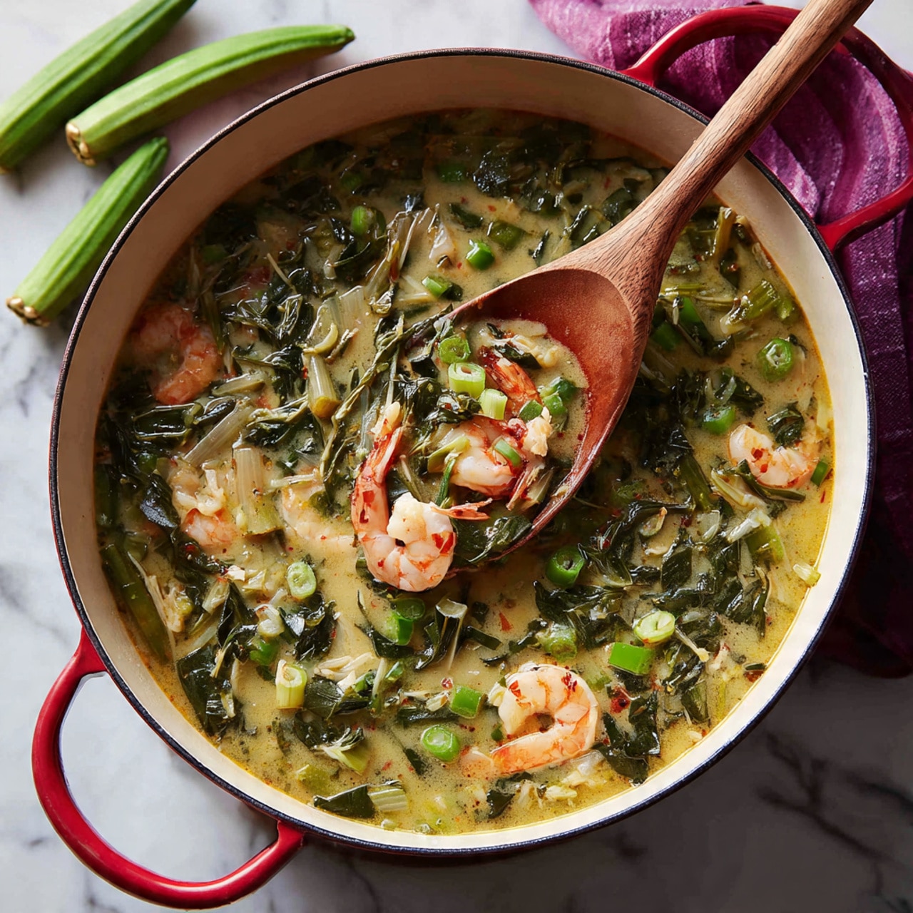 A close-up view of a large white pot filled with green soup, showing several layers: the base is a clear broth with a light golden color, filled with dark green leafy vegetables, sliced okra pieces, and small shrimp mixed throughout. A wooden spoon is lifting some pieces, displaying three pink shrimp, green okra slices, and some light pinkish shredded meat. The pot has a red rim and handles and is placed on a white marbled surface. In the background, there are three whole green okra pods and a purple cloth partially visible. Photo taken with an iphone --ar 4:5 --v 7