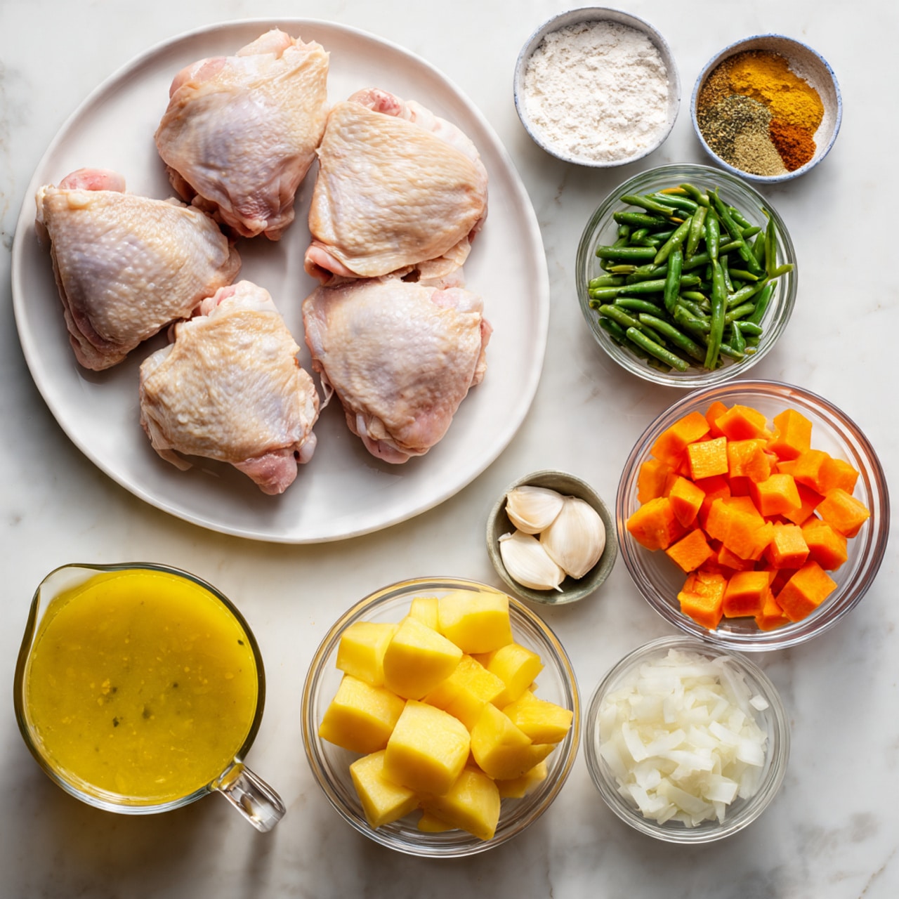 The image shows raw chicken thighs without skin placed on a white round plate, positioned near the top left corner. Around it are small clear bowls with various ingredients arranged on a white marbled surface: at the top right, a bowl of white flour and a bowl of mixed spices with yellow, brown, and orange tones; below them, a white bowl with frozen chopped green beans and a clear bowl with small orange carrot cubes. At the bottom center, a small white bowl holds halved yellow potatoes, next to a clear bowl of chopped white onions. At the left center, a clear measuring cup contains a yellow broth, and below it, another clear measuring cup is filled with cream. Finally, a tiny clear bowl with two peeled garlic cloves sits near the bottom right. All ingredients are shown clearly with natural light, photo taken with an iphone --ar 4:5 --v 7