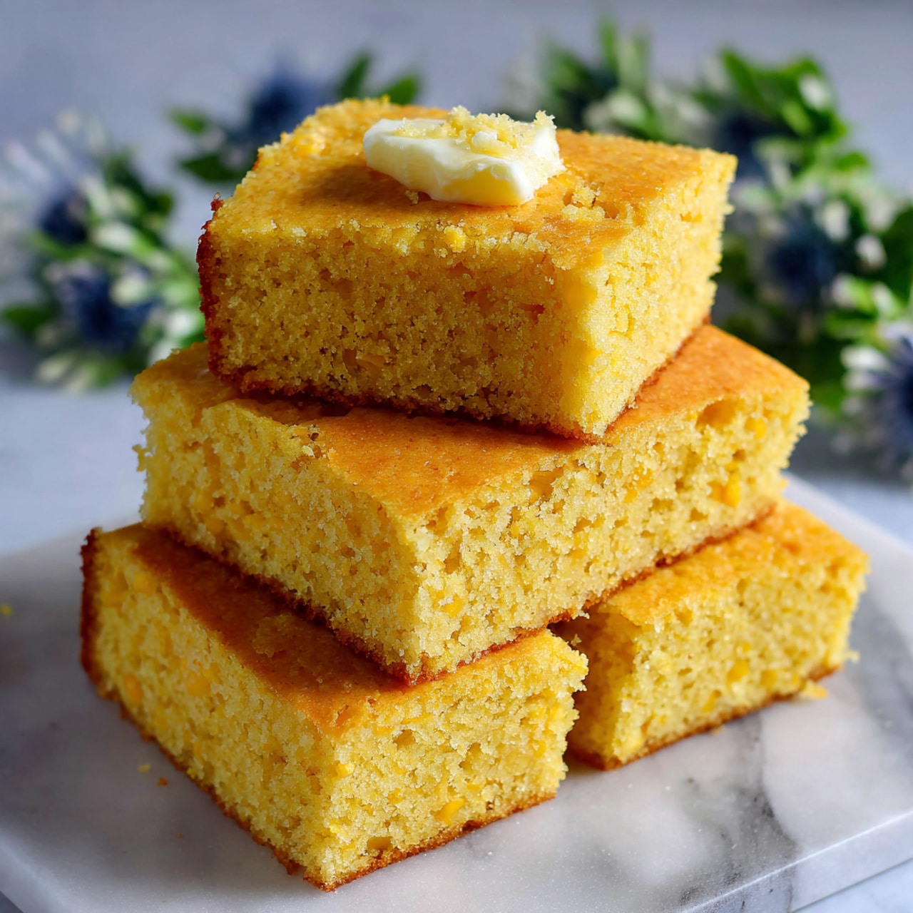 The image shows a stack of golden yellow cornbread squares with a soft, crumbly texture. There are three visible layers: the bottom layer is the whole cornbread slab with a smooth top, the middle layer is made up of two thick cornbread squares, and the top layer is a single cornbread square with a small dollop of light-colored butter on its surface. The cornbread pieces are placed on a white marbled surface with blurred out light green and blue floral elements in the background. photo taken with an iphone --ar 4:5 --v 7