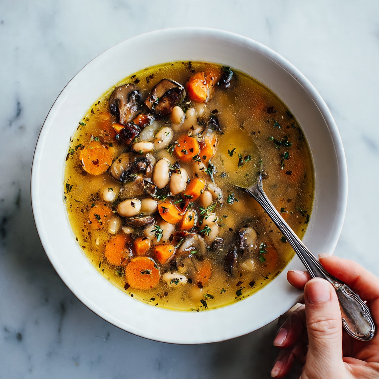 The image shows a white bowl filled with a soup-like dish that has three main layers visible. The bottom layer is a warm brown broth, slightly clear with some herbs floating in it. The middle layer has small, round, creamy-colored beans spread all over. On top, there are chunky pieces of orange carrots and dark brown sautéed mushrooms scattered around. A silver spoon is inside the bowl, held by a woman's hand from the right side. The bowl is placed on a white marbled surface. Photo taken with an iphone --ar 4:5 --v 7