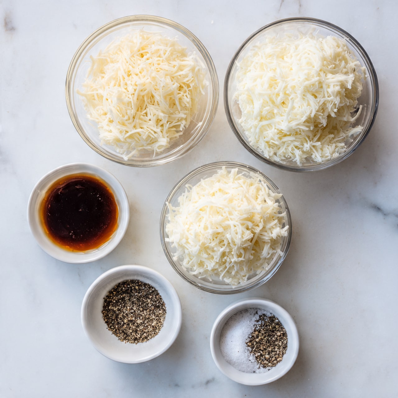 The image shows five small bowls arranged on a smooth, white marbled surface. In the back row, there are two clear glass bowls, each filled with a generous mound of shredded white cheese, their texture soft and stringy. Below them sits a smaller clear glass bowl also filled with shredded cheese, but in a smaller amount. At the front, there are two small white bowls; one contains a dark brown liquid, and the other holds a mix of fine black pepper and white salt, side by side. The view is from above, clearly showing the details of each ingredient. photo taken with an iphone --ar 4:5 --v 7