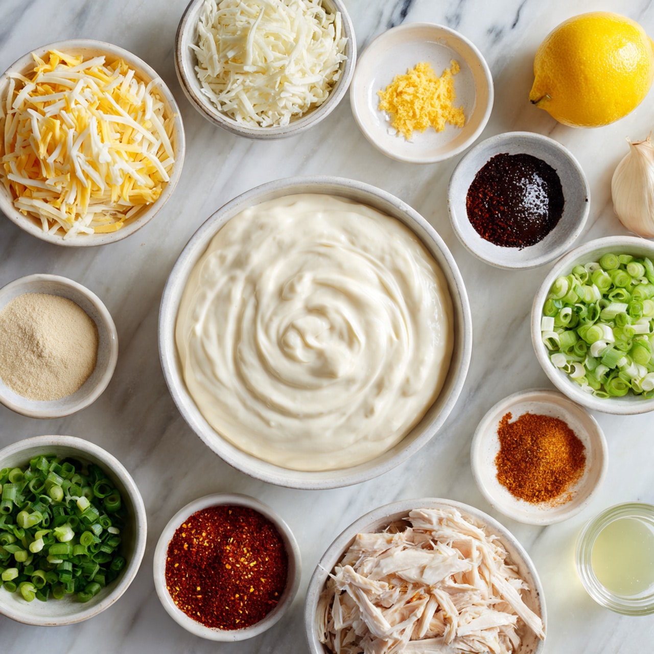 The image shows a top-down view of multiple white bowls arranged on a white marbled surface, each containing different ingredients for a recipe. The largest bowl in the center holds a thick, smooth white creamy mixture with some swirls on the surface. Surrounding it are smaller bowls filled with shredded white cheese, shredded cooked chicken, finely chopped green onions, minced garlic, yellow lemon zest, red chili powder, a light beige powder, dark brown sauce, and some spices in shades of brown and black. There is also a lemon half and a small glass container with a light yellow liquid. The overall look is clean and organized, highlighting the fresh ingredients used. Photo taken with an iphone --ar 4:5 --v 7