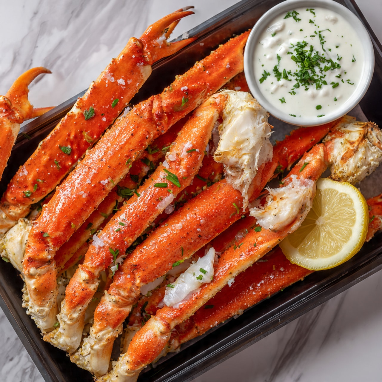 The image shows a black tray filled with bright orange crab legs and claws, which have a slightly shiny texture from seasoning or steam. There are about two layers of crab legs overlapping each other, with some white crab meat exposed near the joints. On the top right corner of the tray, there is a small white bowl of creamy white sauce sprinkled with green herbs. Beside the crab legs on the bottom right, there is a half lemon with a pale yellow color and visible segments. The whole setup is on a white marbled surface. photo taken with an iphone --ar 4:5 --v 7