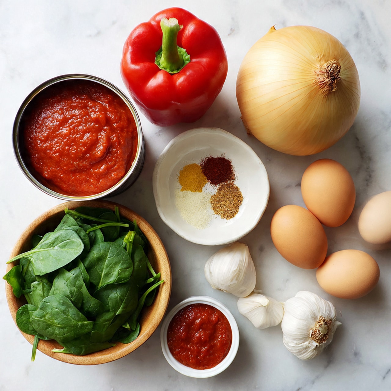 The image shows fresh cooking ingredients arranged on a white marbled surface. There is a can filled with bright red tomato sauce on the top left. Next to it, a whole red bell pepper sits with its green stem facing right. Below the pepper is a large round yellow onion with pale brown skin. Near the onion, a small white bowl contains a mix of three different spices: a dark red, a light yellow, and a light brown powder. To the right, there are four brown eggs inside a white bowl. Below the eggs, three garlic cloves with white skin lay next to a wooden bowl filled with fresh green spinach leaves. In the bottom left corner, some loose spinach leaves are placed on the surface. A small white ramekin near the spices holds a chunky red sauce. The colors include vibrant reds, fresh greens, pale yellows, and warm browns, all against a light, clean background. photo taken with an iphone --ar 4:5 --v 7