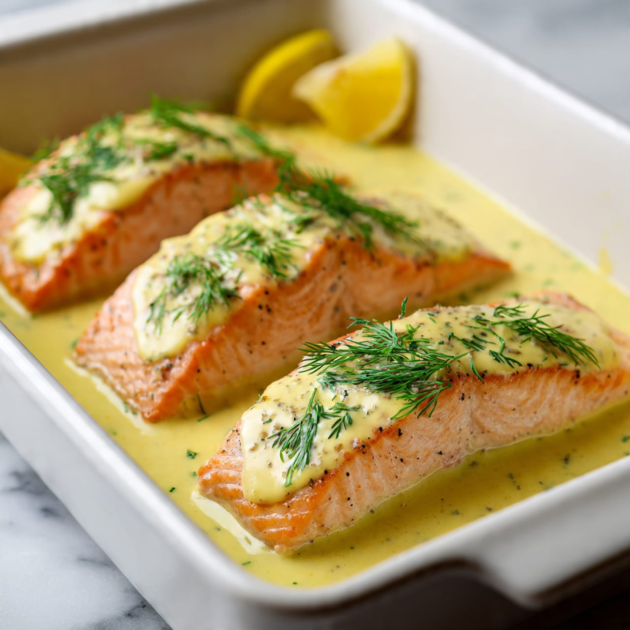 The image shows four pieces of cooked salmon fillets arranged evenly in a white baking dish on a white marbled surface. Each fillet is topped with a smooth, creamy yellow sauce that covers half of the salmon and has a light, soft texture. On top of the sauce, there are small sprigs of fresh green dill adding a touch of color and detail. In the corner of the dish, there are yellow lemon wedges slightly visible. The lighting is soft and natural, highlighting the salmon’s light orange color and the creamy sauce’s pale yellow tone. Photo taken with an iphone --ar 4:5 --v 7