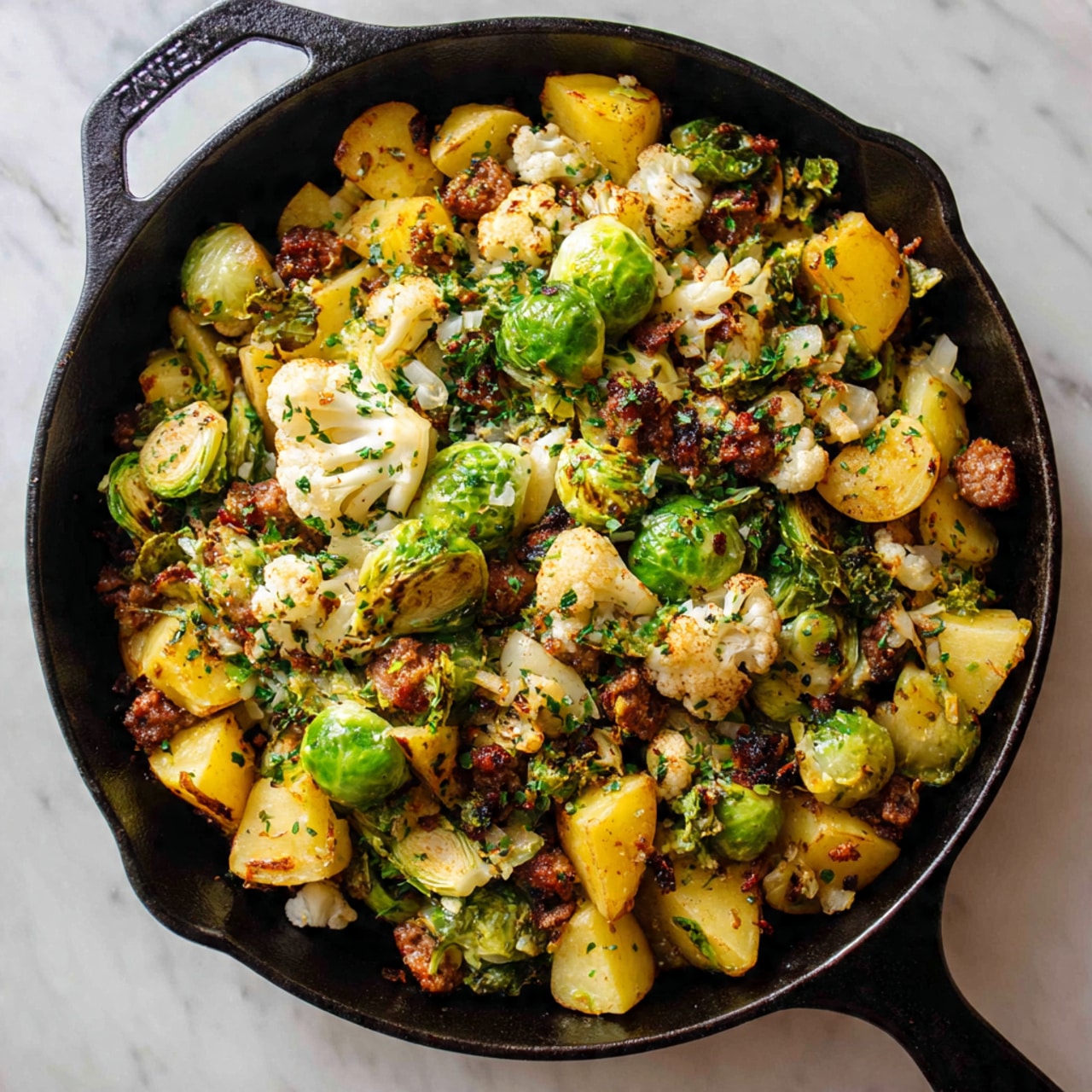 The image shows a black cast-iron skillet filled with a colorful mix of roasted ingredients. The bottom layer consists of chopped golden roasted potatoes with a slightly crispy texture. On top, there are chunks of bright green Brussels sprouts, some with browned edges. Scattered throughout are small pieces of browned sausages and light golden roasted cauliflower florets. There are also bits of cooked onions and a sprinkling of herbs on the top, adding green specks. The skillet sits on a white marbled surface. photo taken with an iphone --ar 4:5 --v 7