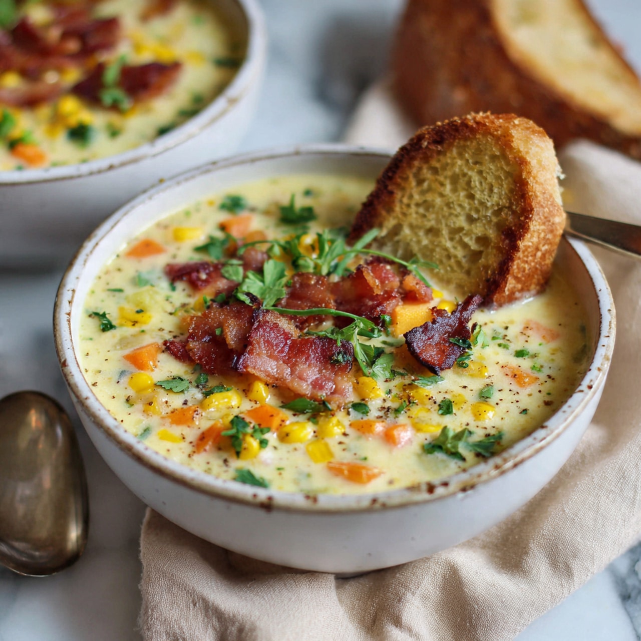 A creamy soup served in a white bowl with a rustic look, showing layers of small orange carrot pieces, yellow corn kernels, and bits of green herbs throughout the light cream soup base. On top, there are crispy reddish-brown bacon pieces and fresh green herb sprigs for garnish. A piece of golden toasted bread is partially dipped into the soup on the right side. The bowl is placed on a soft beige cloth, and the background features a white marbled surface with another piece of brown bread slightly blurred. Photo taken with an iphone --ar 4:5 --v 7