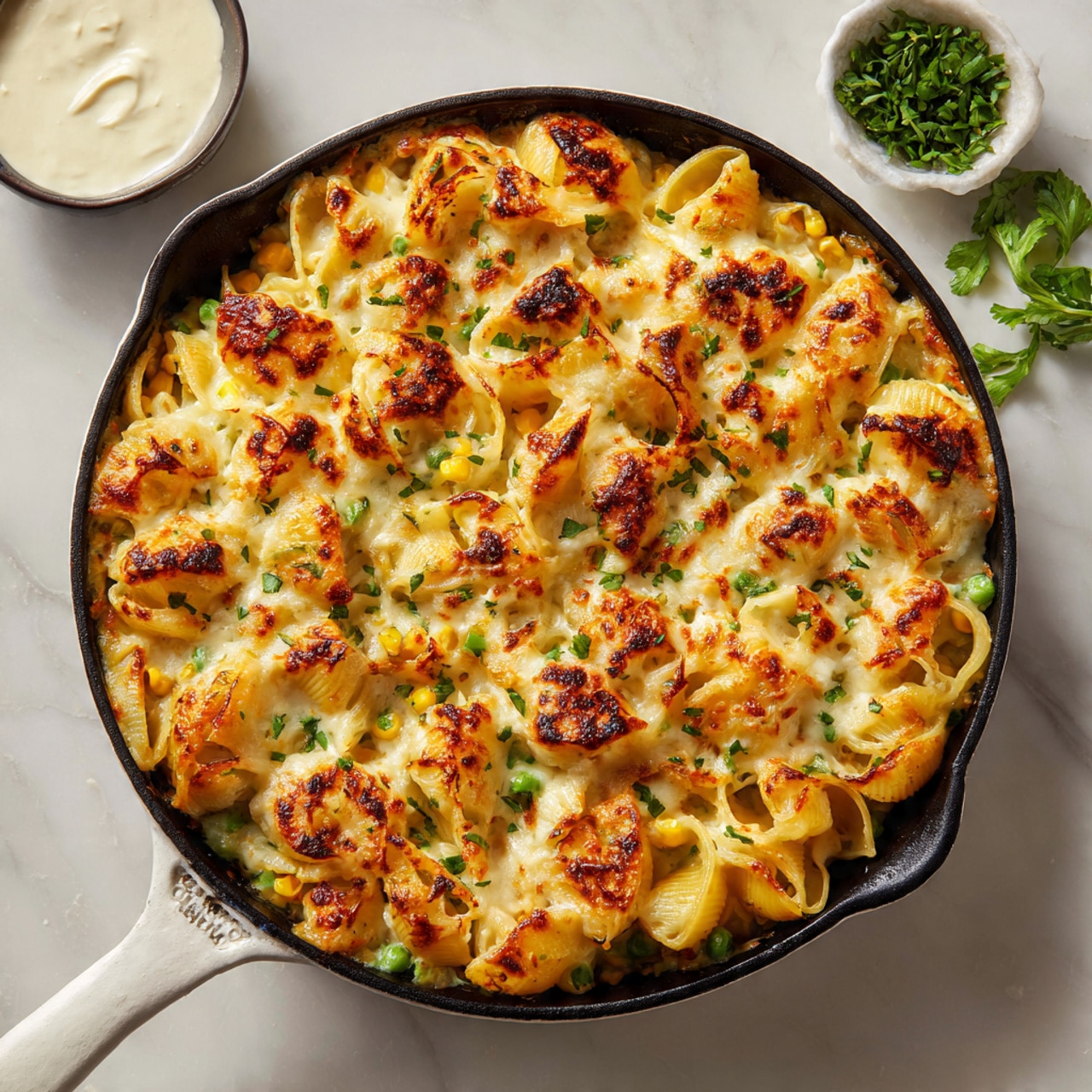 A white cast iron skillet filled with baked pasta shells covered in melted cheese, with a golden brown and slightly crispy top layer dotted with small green herb pieces. The pasta underneath is creamy orange in color with some visible small pieces of vegetables like corn and peas, showing a soft texture. The skillet is on a white marbled surface with some light shadows, and there is a small bowl of creamy white sauce nearby and a few scattered fresh green herbs. photo taken with an iphone --ar 4:5 --v 7