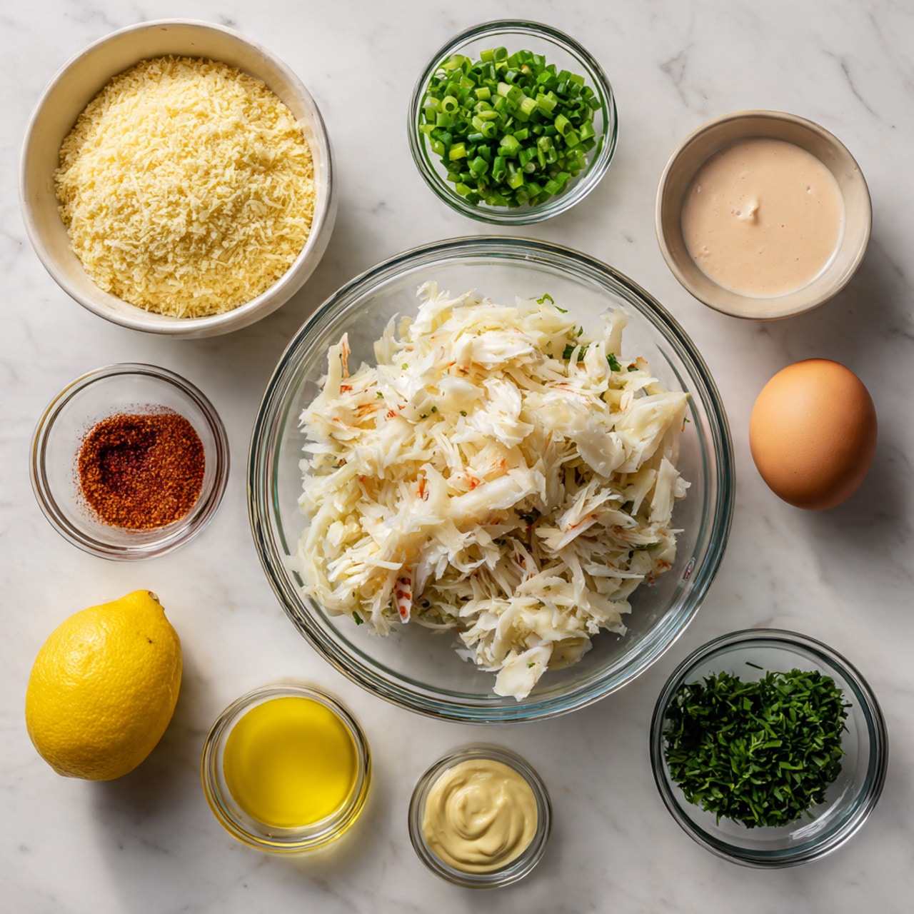 The image shows ingredients laid out on a white marbled surface, centered around a glass bowl filled with white, shredded crab meat. Above and to the left is a white bowl filled with light yellow breadcrumbs. To the right of the crab meat are small clear bowls containing green chopped scallions and dark green chopped parsley, with a brown egg in a small white dish above them. Below these are a small beige bowl of light pink mayo, a small white bowl of yellow mustard, and a small white bowl with pale yellow oil. To the bottom left is a half lemon showing its yellow interior, and a small clear bowl with reddish-brown seasoning. The ingredients are neatly organized with bright, natural lighting. Photo taken with an iphone --ar 4:5 --v 7