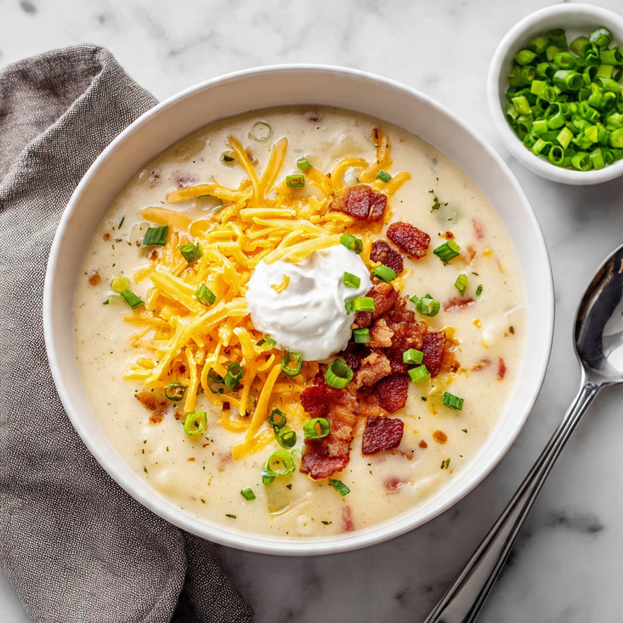 The image shows a white bowl filled with creamy potato soup, topped with shredded yellow cheddar cheese, small crispy bacon pieces, green chopped scallions, and a dollop of sour cream at the center. The soup has a thick texture with visible chunks of potato and bits of bacon spread throughout. The bowl sits on a white marbled surface with a folded gray cloth napkin beside it, and a small bowl of extra finely chopped green scallions is placed nearby. Photo taken with an iphone --ar 4:5 --v 7