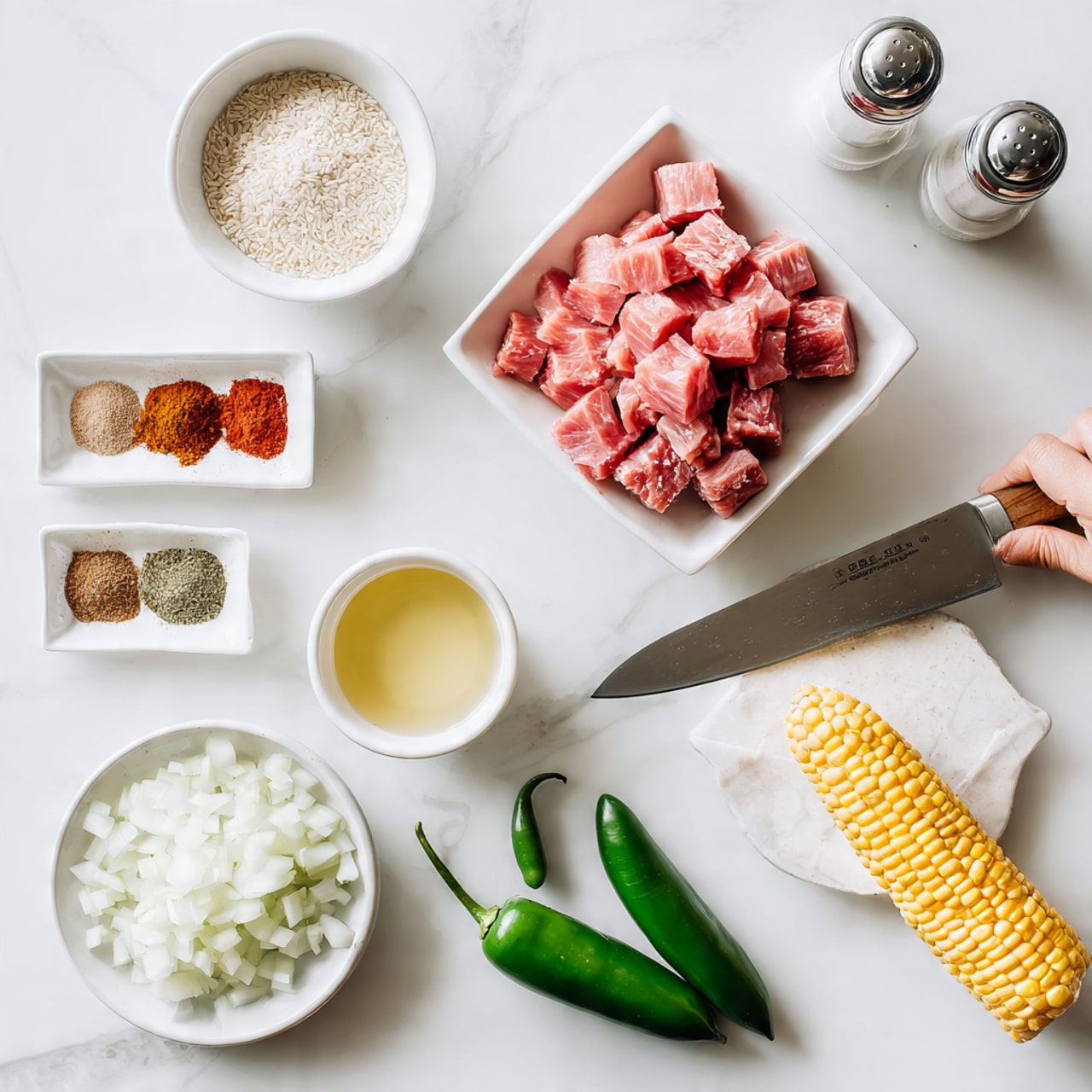 The image shows various ingredients arranged on a white marbled surface. At the center is a white square bowl filled with small cubes of pink raw meat. To its left is a white round bowl with a mix of small white grains. Below these bowls is a white square plate with finely chopped white onions next to a large knife. In the bottom right corner, two fresh green jalapeño peppers lie next to a yellow corn cob. Above the onions is a small, round white bowl containing light yellow liquid. To the top left, a rectangular white dish holds three piles of ground spices in red, brown, and beige colors. Two salt and pepper shakers are placed near the top center. A woman's hand is partially seen holding the knife over the onions. The overall scene is bright and clean with all items organized neatly. photo taken with an iphone --ar 4:5 --v 7