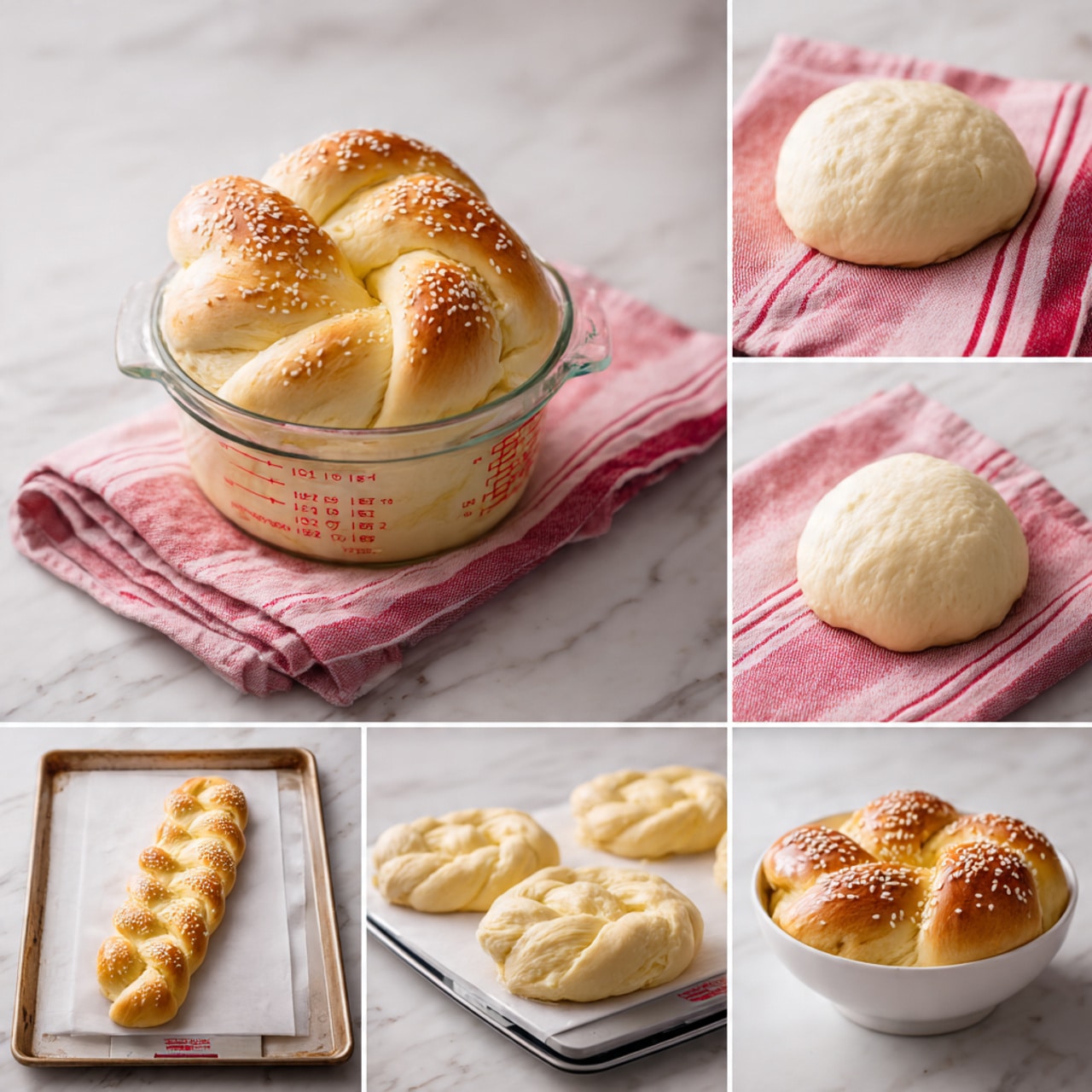 The collage shows the stages of making braided bread on a white marbled surface. The first image has dough resting in a clear glass measuring cup covered by a pale pink cloth. The second image shows the same dough risen and overflowing the glass cup. The third and fourth images show the dough shaped into a smooth, round ball. The fifth image displays a smaller piece of dough placed on a digital scale. The sixth image shows three long, pale dough strips lying side by side. The seventh image reveals the strips braided into a tight plait on white parchment paper on a baking tray. The eighth image features the braided dough covered by a red and white striped cloth, resting on the tray. The ninth image presents the golden brown baked braided bread sprinkled with sesame seeds in a white bowl. photo taken with an iphone --ar 4:5 --v 7