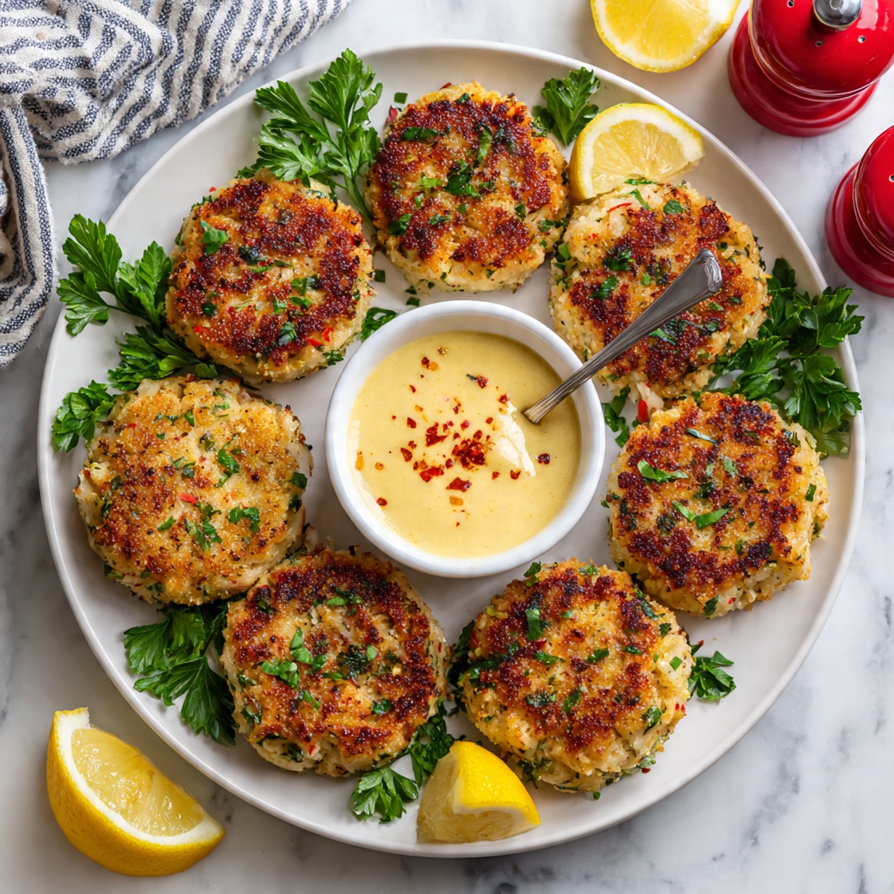 The image shows a white plate with seven golden brown crab cakes arranged in a circular pattern. Each crab cake is textured with visible small chunks of crab and green herbs on top. In the center of the plate, there is a small white bowl filled with a creamy yellow dipping sauce, garnished with a sprinkle of red spices and a spoon resting inside. Around the plate, there is a bunch of fresh green parsley on the left, two lemon wedges on the bottom left and top right, and a red salt shaker near the upper right corner. The background is a white marbled surface with a striped cloth partially visible on the top left side. Photo taken with an iphone --ar 4:5 --v 7