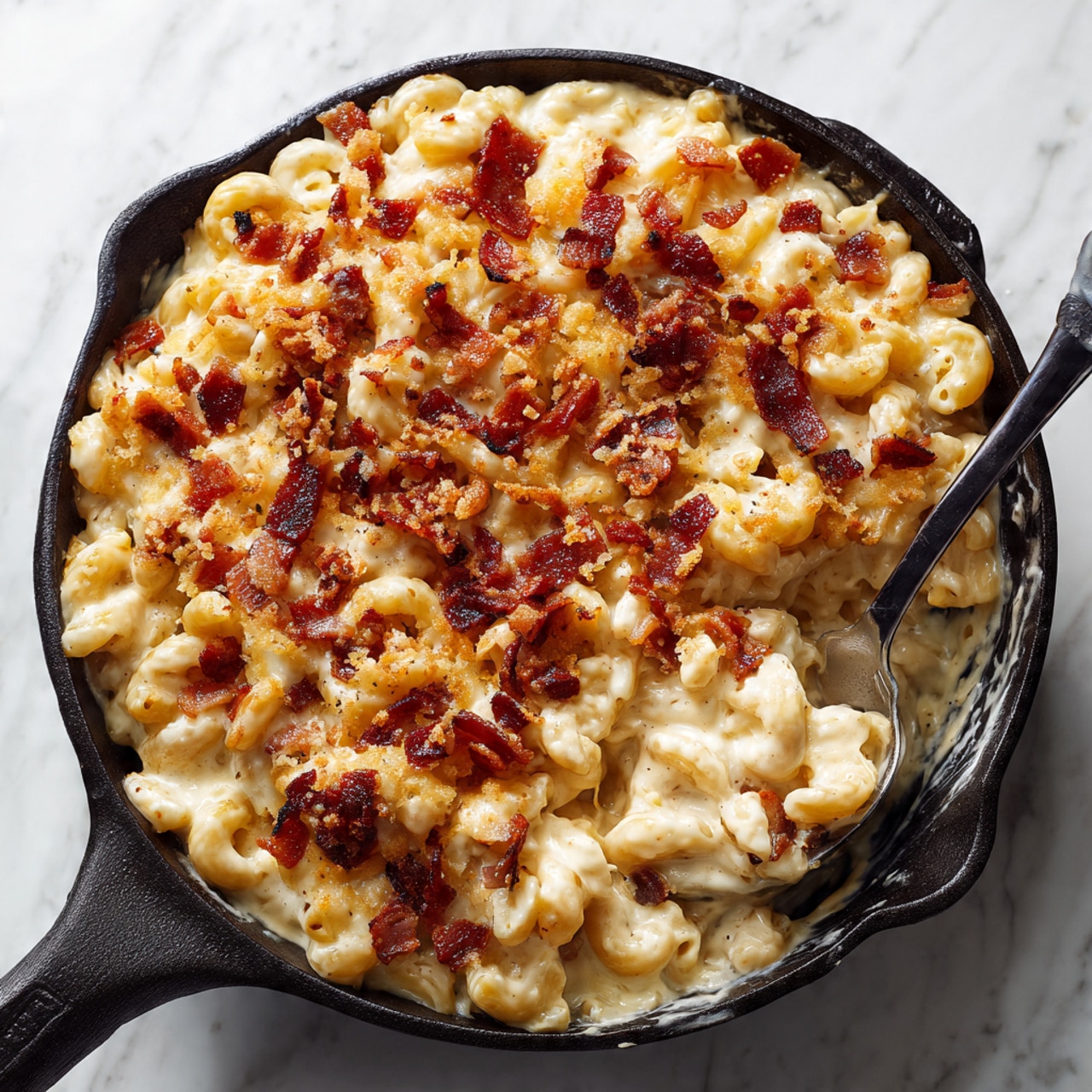 The image shows a black cast iron skillet filled with macaroni and cheese topped with browned pieces of bacon. The macaroni layer is creamy and pale yellow with melted cheese, and the bacon pieces are scattered thickly over the top. The texture of the cheese is smooth, light golden, with a slightly crispy look on the edges. A spoon is placed inside the skillet on the right side with some macaroni and cheese scooped out, giving a glimpse of the soft pasta underneath the top layer of cheese and bacon. The skillet rests on a white marbled surface. Photo taken with an iphone --ar 4:5 --v 7