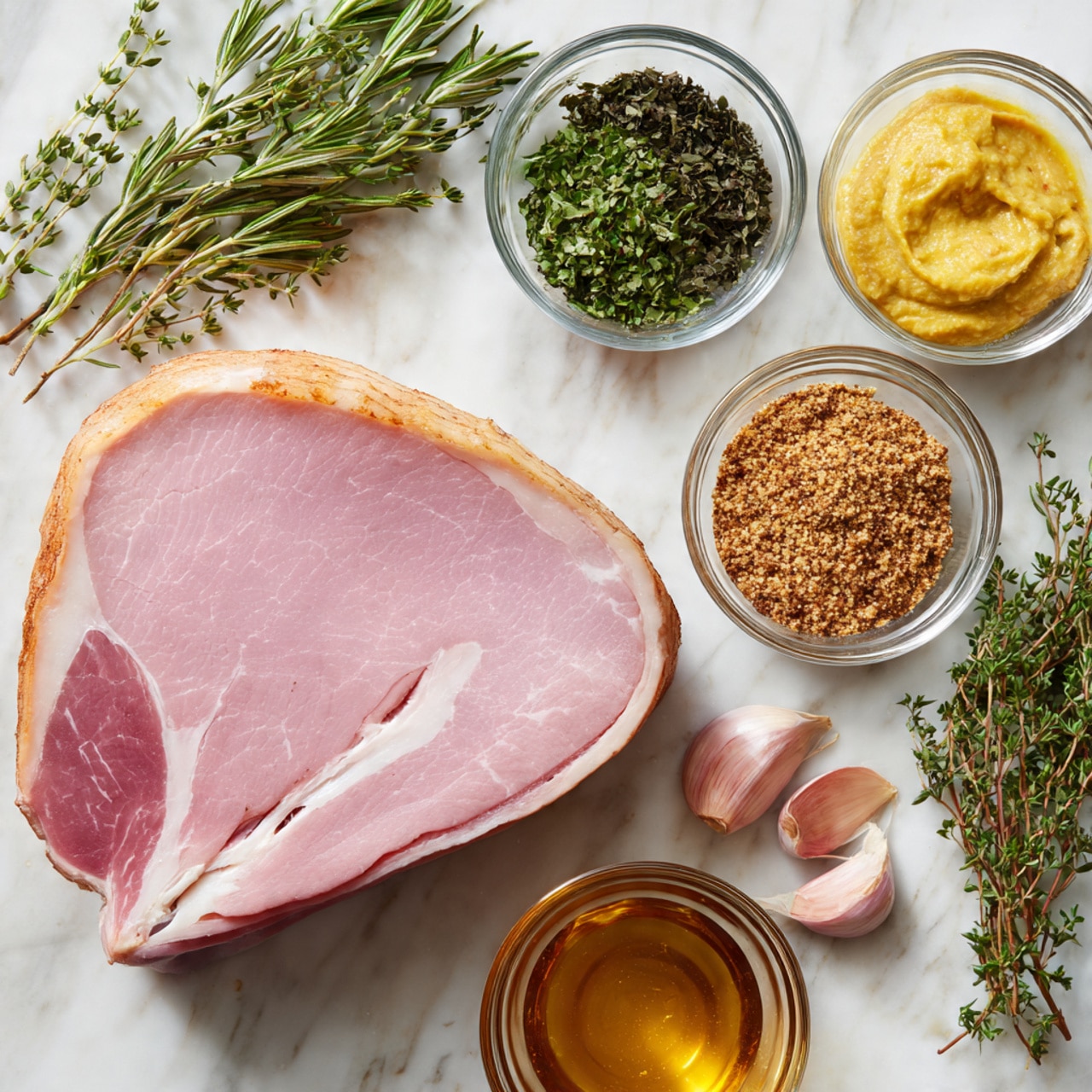 A large, pale pink ham slice with a visible bone sits on the left side of a white marbled surface. Around the ham are small glass bowls containing different ingredients: chopped dark green herbs at the top, smooth yellow mustard to the right, coarse brown mustard at the bottom left, and a small bowl with a golden brown liquid below the mustard. Three peeled garlic cloves and fresh sprigs of rosemary and thyme are arranged between the bowls and ham. The overall setup is neat, highlighting the raw ham and fresh ingredients used for cooking. photo taken with an iphone --ar 4:5 --v 7