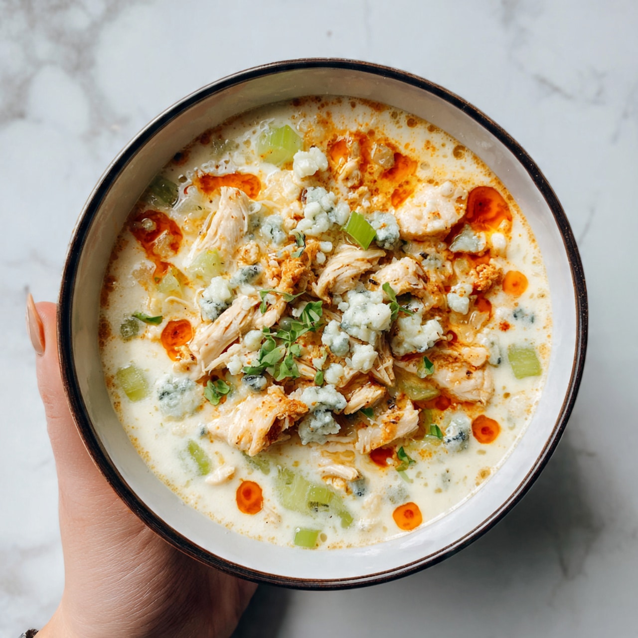 The image shows a bowl of creamy soup with several layers. The bottom layer is white creamy broth with chunks of light green celery and melted cheese spots. On top, there are light brown shredded pieces of chicken scattered around, mixed with blue cheese crumbles. Some bright orange drops of chili oil add color and contrast on the surface. The bowl is white, with a dark rim, and it sits on a white marbled surface. A woman's hand holds the bowl on the side. The photo taken with an iphone --ar 4:5 --v 7