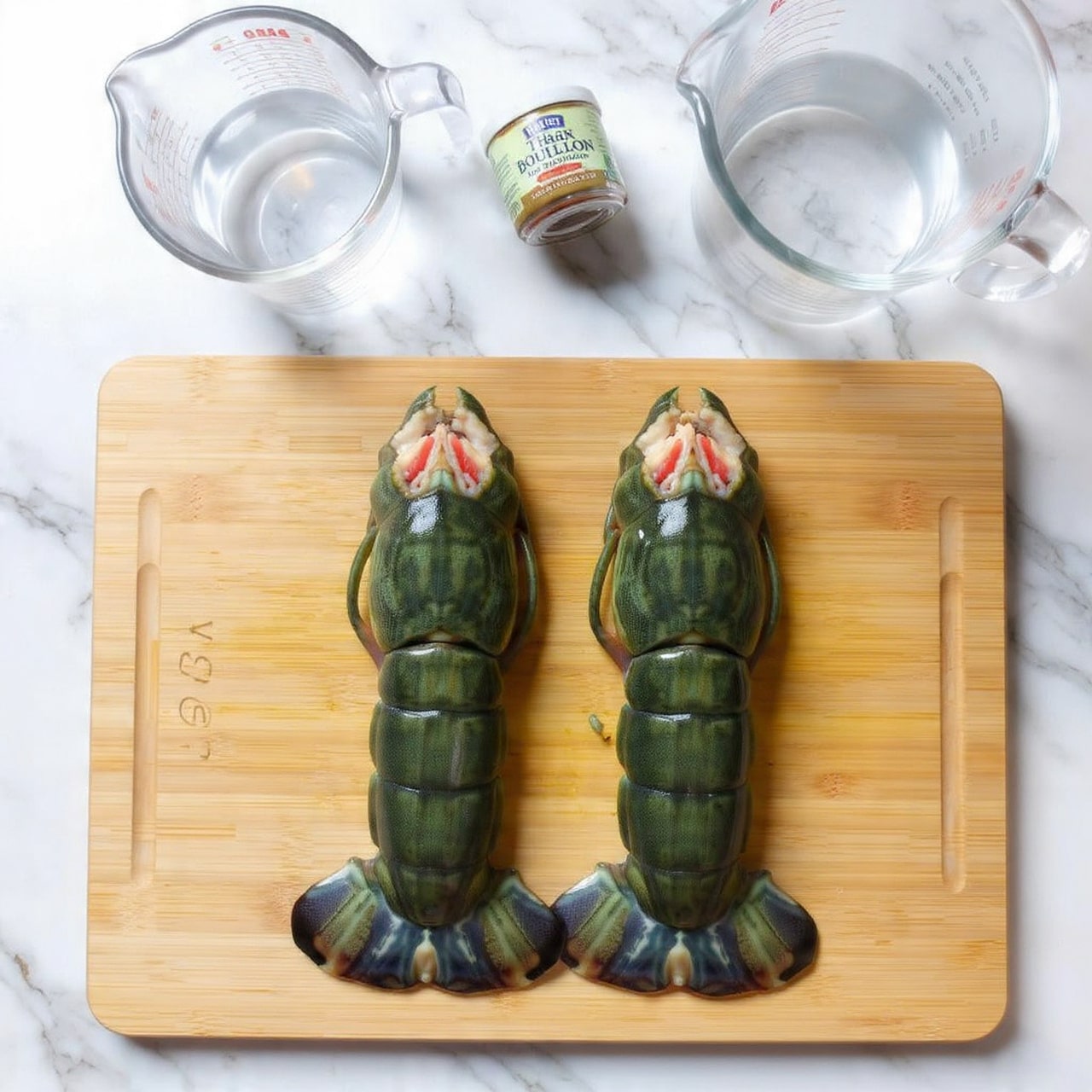 Two dark green lobster tails with visible segments and pale raw flesh exposed at the top lie side by side on a light wooden cutting board. Above the board, there is a clear plastic measuring cup on the left filled with water, a small jar labeled