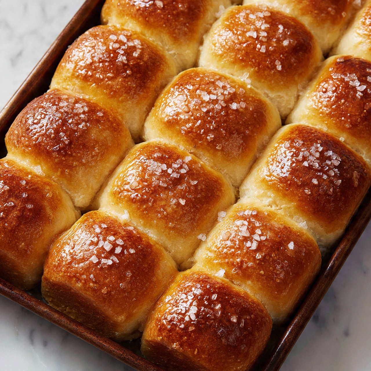 A close-up view of a baking tray filled with 20 soft dinner rolls arranged in a 4 by 5 grid. The rolls have a shiny golden-brown top with a slightly textured surface coated with a light sprinkle of coarse salt. The sides of the rolls are a lighter golden color, showing their soft and fluffy texture. The rolls are tightly packed together, touching each other with slightly rounded edges, and the tray is placed on a white marbled surface. photo taken with an iphone --ar 4:5 --v 7