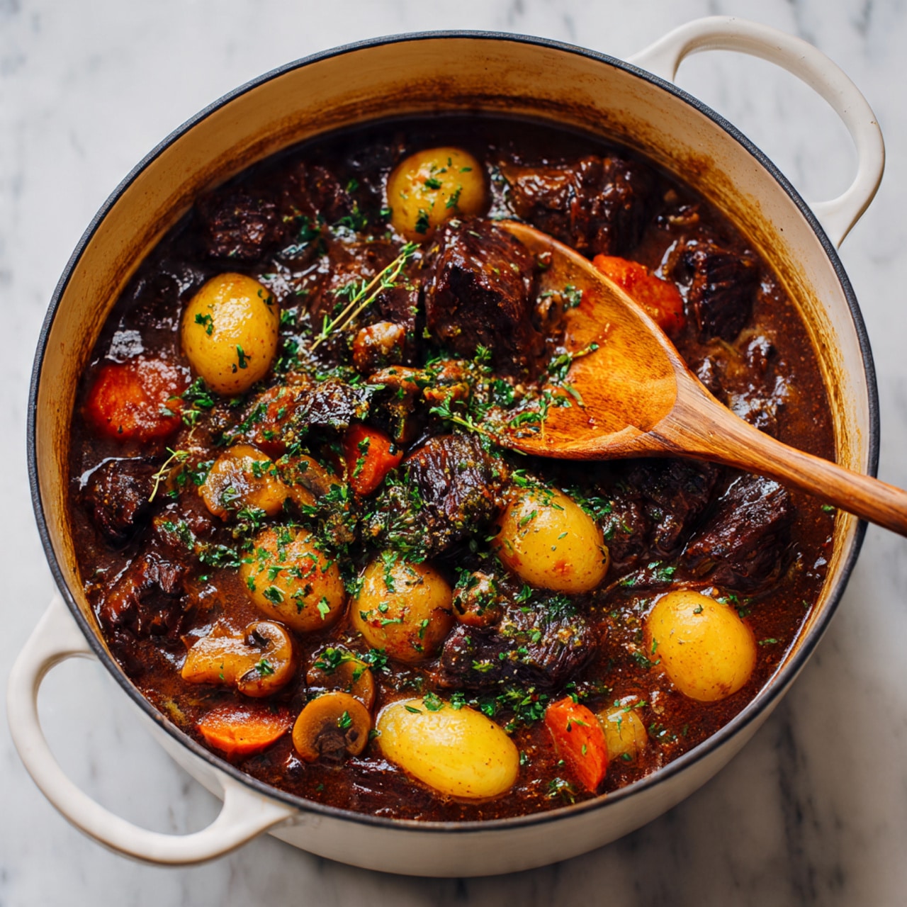 The image shows a white pot filled with a rich brown stew that has chunky pieces of dark brown beef, bright orange carrot slices, whole small golden potatoes, and sliced brown mushrooms, all covered in a thick sauce with visible green herb sprinkles. A wooden spoon is scooping some pieces in the middle right side, adding a warm, natural touch to the scene. The background is a white marbled surface. photo taken with an iphone --ar 4:5 --v 7