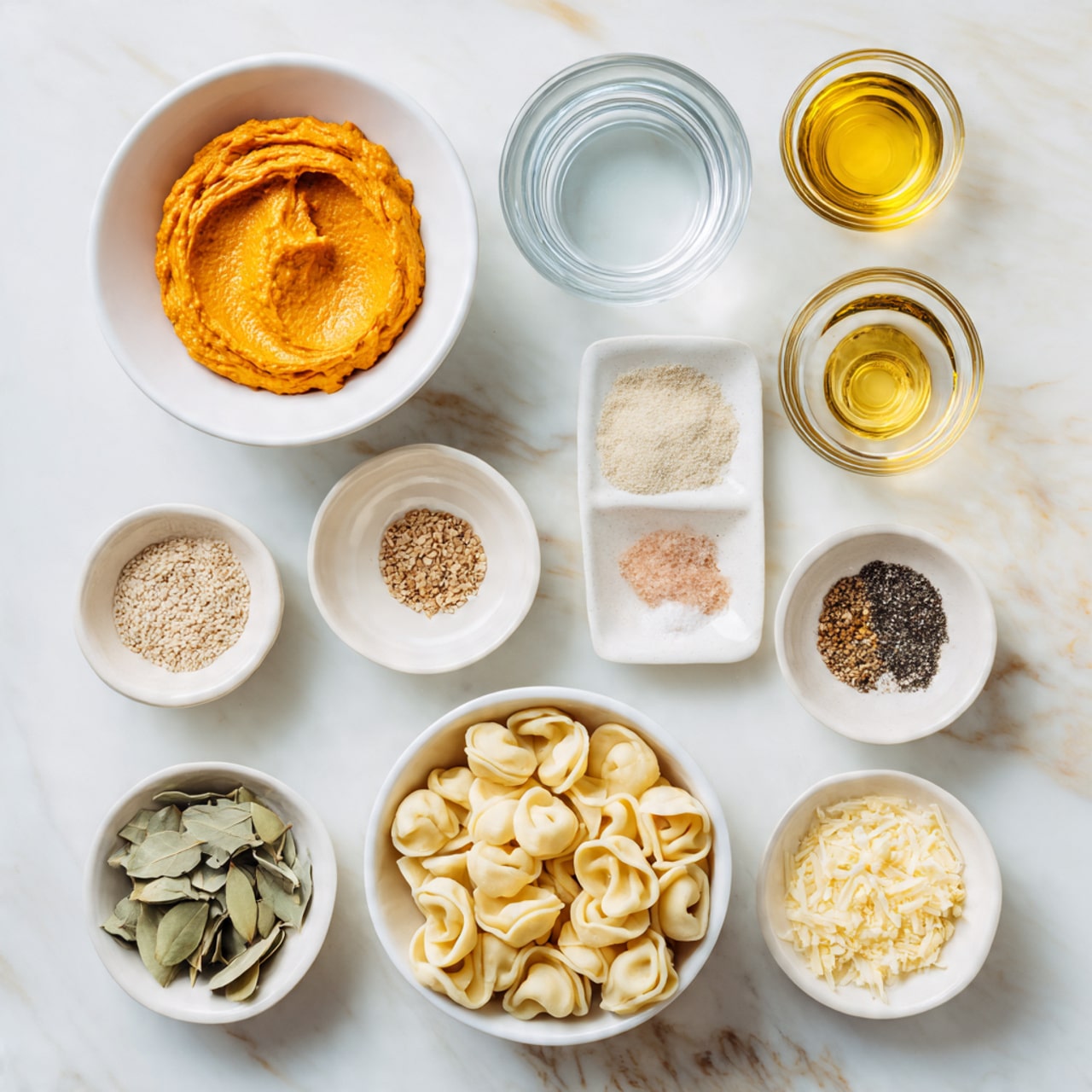The image shows a white marbled surface with several white bowls and plates arranged neatly. In a white bowl at the top center, there is bright orange thick paste with a smooth texture. Nearby, there is a clear glass of water and a small glass cup with golden-yellow oil. Below these, small bowls hold light brown grains, white granules, and a pale liquid. Two white plates hold different ingredients: one has small, dry green leaves and thin sliced light pink pieces, while the other contains a mix of spices, including light brown powder, dark seeds, and a pinch of salt. At the bottom, there is a white bowl filled with small tortellini pasta, and beside it, a smaller bowl with grated pale yellow cheese. Photo taken with an iphone --ar 4:5 --v 7