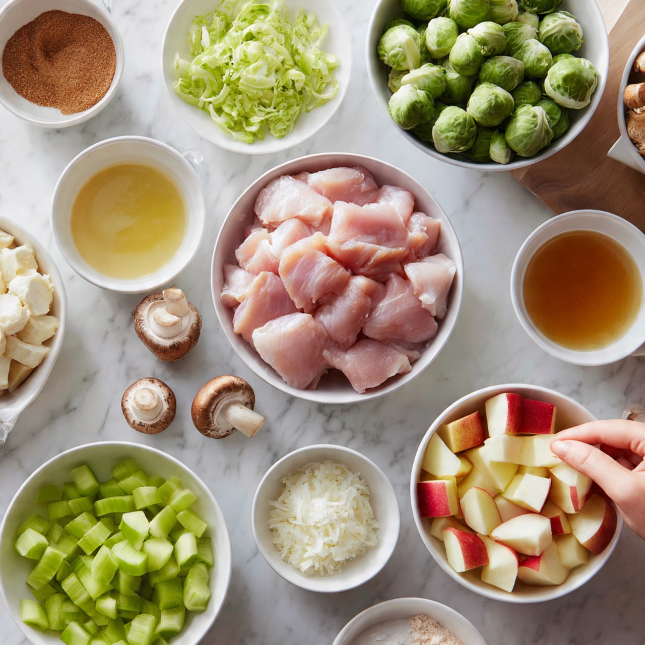 The image shows several white bowls arranged on a white marbled surface, each filled with different ingredients. In the center, a white bowl holds raw pink chicken slices. Surrounding it are white bowls with bright green chopped celery, diced apples in red and cream tones, halved green Brussels sprouts, and finely chopped white onions. Small white bowls contain light brown spice, amber-colored liquid, and creamy white yogurt or sour cream. A few whole Brussels sprouts and a mushroom rest directly on the surface nearby. A woman's hand is about to reach towards one of the bowls. photo taken with an iphone --ar 4:5 --v 7