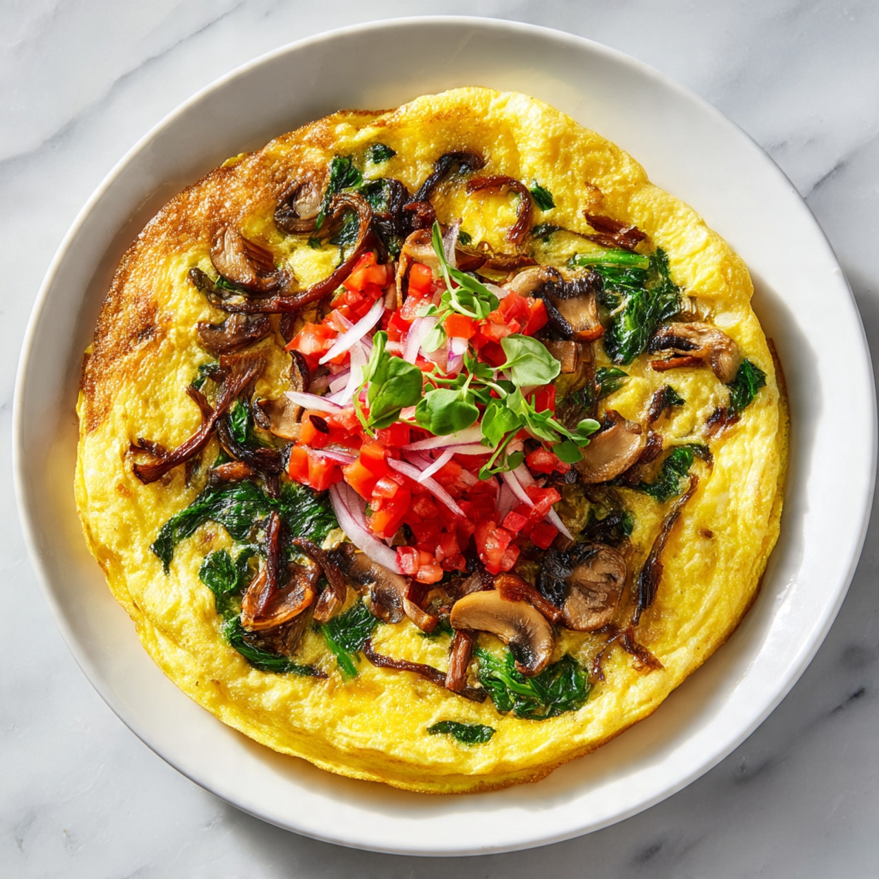 A bright yellow omelet lies flat on a white plate, showing a smooth and slightly glossy texture. Inside the omelet are scattered green spinach leaves and thin strips of dark brown mushrooms, spread evenly throughout. On top of the omelet, there is a small pile of diced red tomatoes, thinly sliced white onions, and a few tiny green spinach leaves, arranged in the center for decoration. The plate sits on a white marbled surface with soft natural light highlighting the colors. Photo taken with an iphone --ar 4:5 --v 7