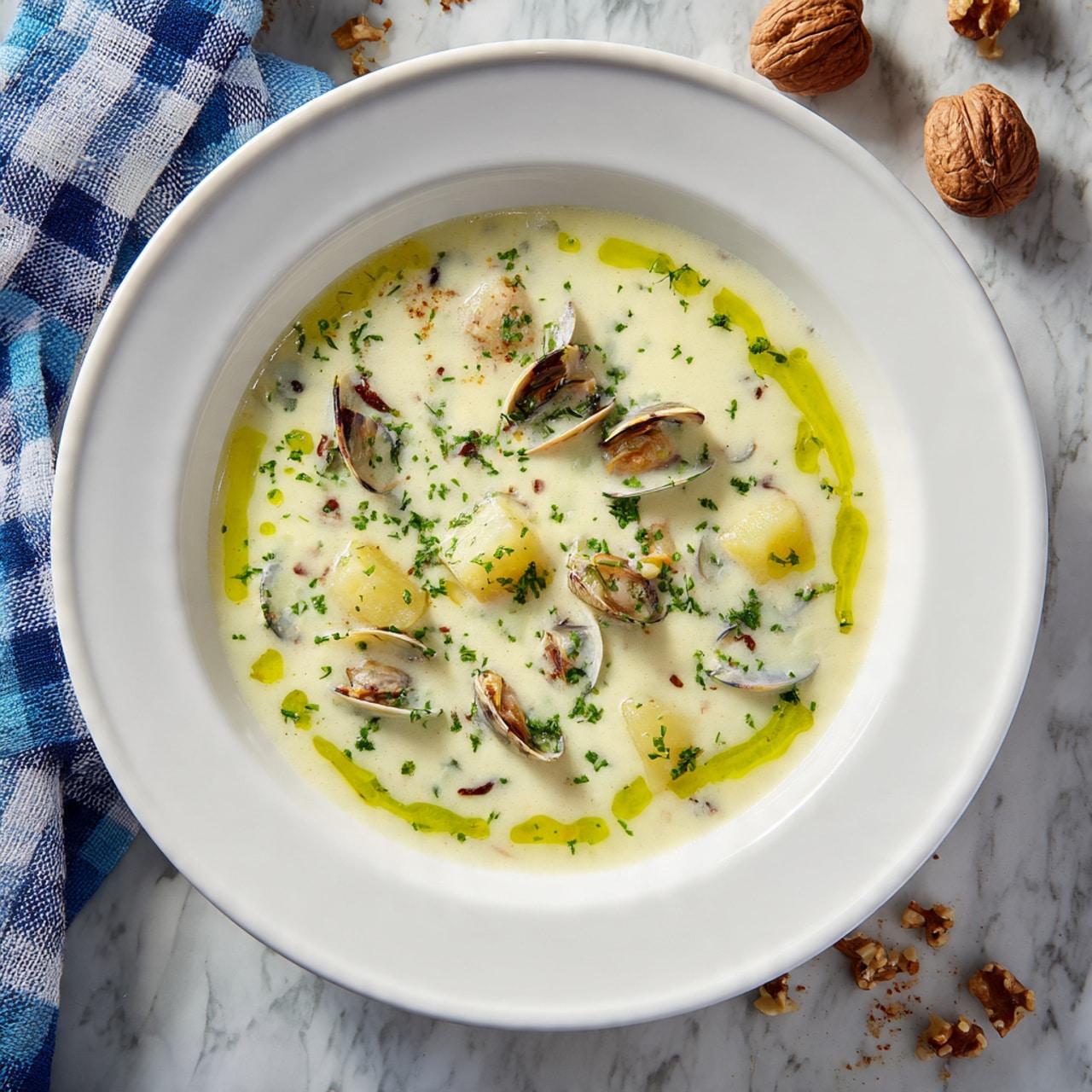 A white deep plate holds creamy white chowder with small chunks of light yellow potatoes and brown clams scattered on top. The chowder is garnished with finely chopped green herbs and a thin swirl of vibrant green oil around the center, adding contrast to the creamy base. The plate rests on a white marbled surface with some walnut pieces at the side, and a blue and white checkered cloth is visible on the left. The photo is taken with an iphone --ar 4:5 --v 7