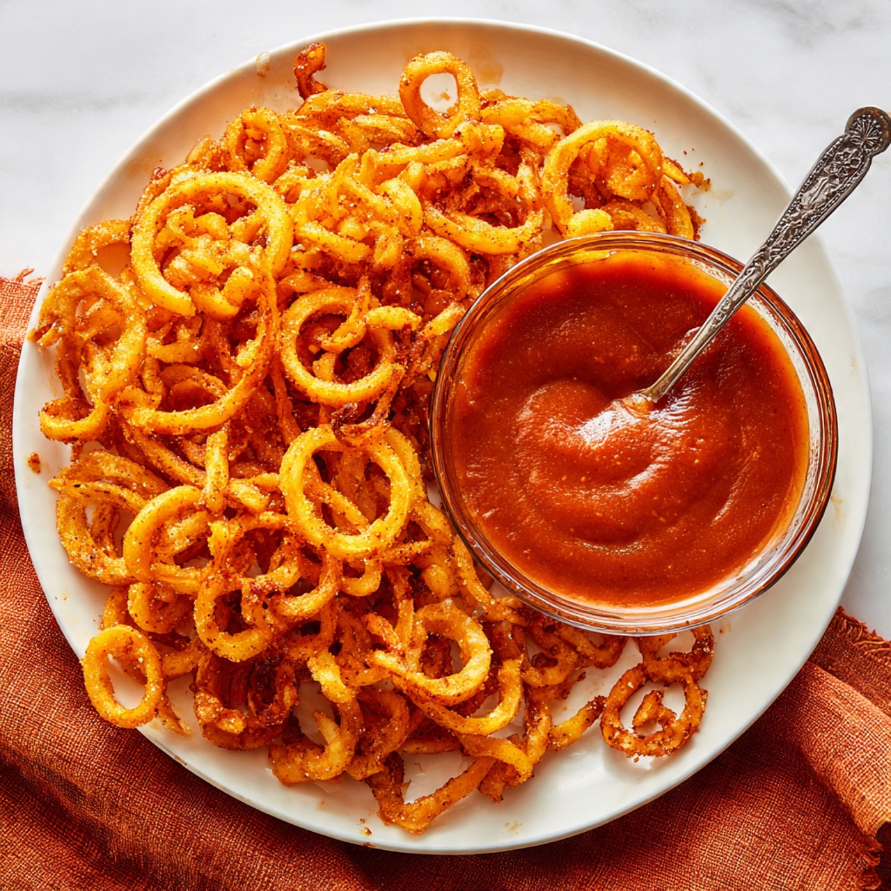 A white plate filled with a large pile of golden-orange curly fries, crispy and textured with visible seasoning. In the center of the plate is a clear glass bowl filled with smooth, deep reddish-orange sauce, slightly glossy, with a small spill on the plate near the bowl. A silver spoon with ornate detailing rests inside the bowl, partially covered in sauce. The plate sits on a soft, wrinkled burnt orange cloth, all set against a white marbled textured surface photo taken with an iphone --ar 4:5 --v 7