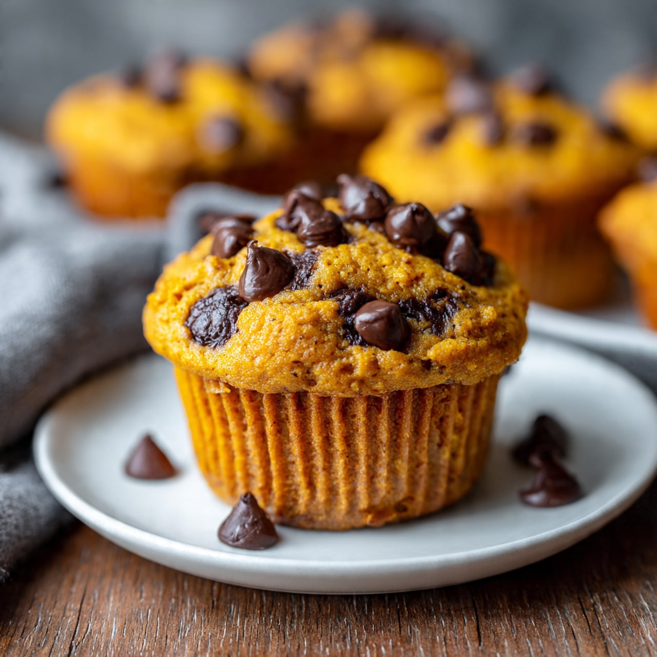 A close-up view of a pumpkin-colored muffin with a soft and moist texture, filled and topped with numerous dark chocolate chips that are slightly melted, creating shiny pockets throughout. The muffin sits on a white plate placed on a wooden surface, with a few loose chocolate chips scattered around it, and more similar muffins blurred in the background. The scene includes a small part of a gray cloth on the side, with the overall focus on the rich contrast between the vibrant orange muffin and dark chocolate chips. Photo taken with an iphone --ar 4:5 --v 7