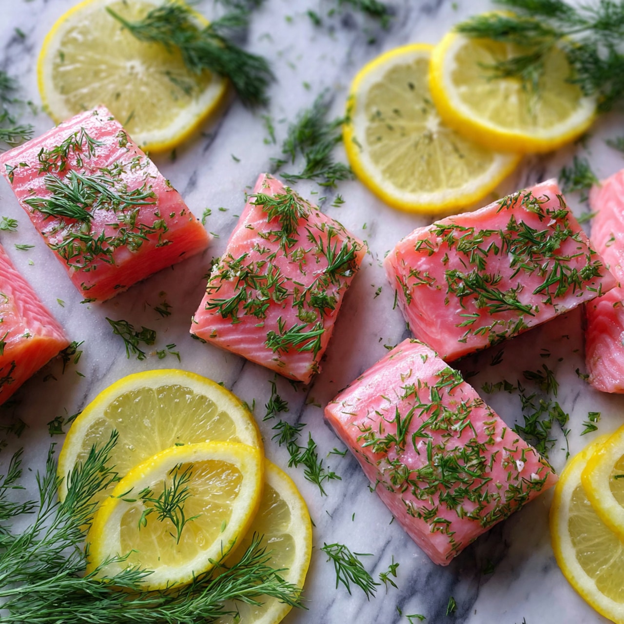 The image shows several pieces of pink salmon with soft texture sprinkled with green dill leaves on top. The salmon pieces are placed on a white marbled surface with thin slices of bright yellow lemon arranged around them. The scene looks fresh and colorful with the mix of pink, green, and yellow shades. Photo taken with an iphone --ar 4:5 --v 7