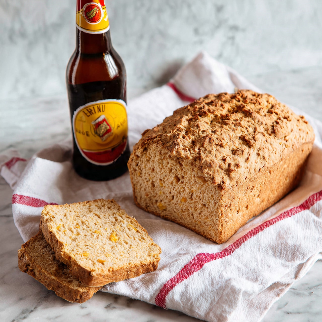 The image shows a loaf of golden brown bread with a rough textured top and visible small chunks inside, indicating a soft and moist crumb. Two slices are placed in front of the loaf, showing a light yellow interior with small, uneven holes and bits of ingredients scattered throughout. The bread rests on a white cloth with red stripes, which is slightly wrinkled, and next to it lies a brown glass beer bottle with a yellow label and a red and yellow cap. All items are placed on a white marbled surface that contrasts with the warm colors of the bread and beer bottle. Photo taken with an iphone --ar 4:5 --v 7