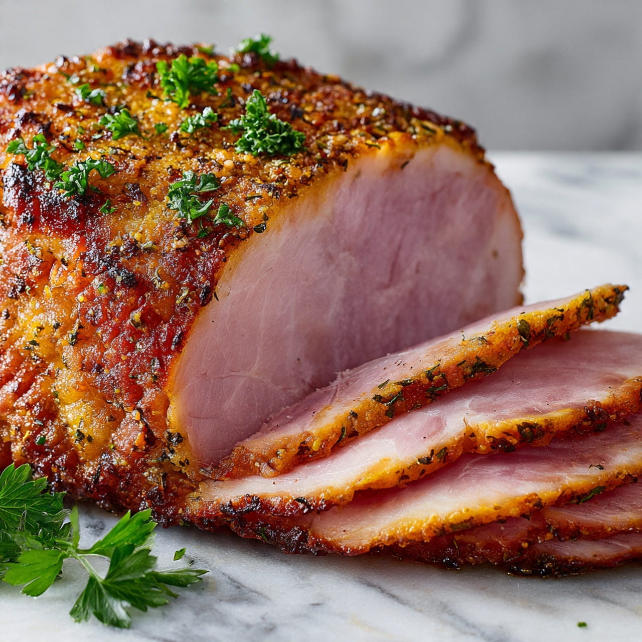 The image shows a close-up of a cooked ham with a golden-brown, slightly crispy outer layer covered in herbs and spices, featuring a few small green parsley pieces on top. The ham is sliced, revealing several tender, juicy layers inside with a pinkish color. The slices lay stacked in front of the larger main piece, showing the contrast between the browned edges and the inside meat. Some fresh green parsley is visible at the bottom edge, and the whole scene is set on a white marbled surface. Photo taken with an iphone --ar 4:5 --v 7