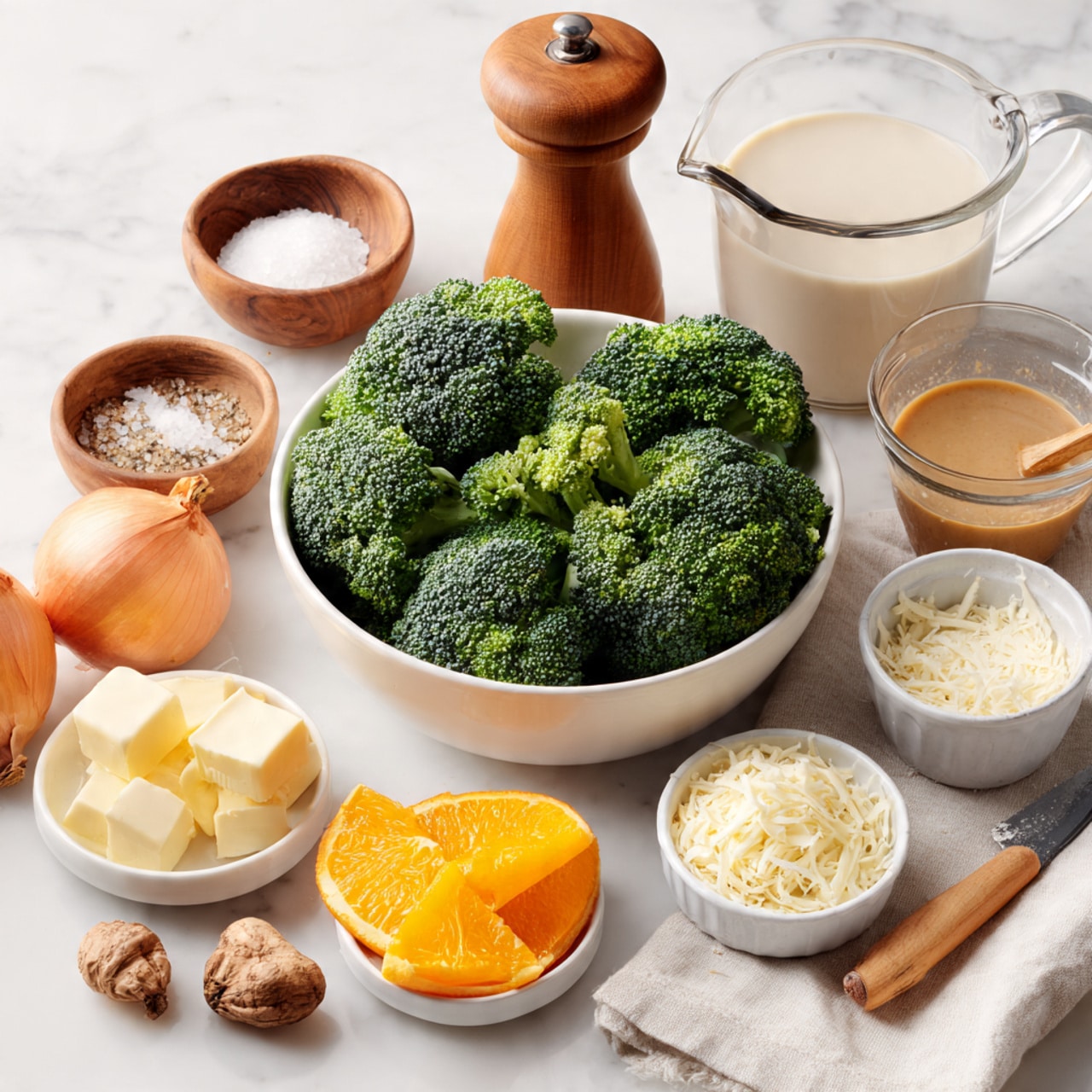 The image shows a white bowl full of fresh, green broccoli florets placed on a white marbled surface. Around it are various ingredients arranged neatly: a small wooden bowl with coarse salt at the top left, a tall wooden pepper grinder behind the broccoli, a clear glass measuring cup with light brown broth to the right, and another clear glass measuring cup filled with frothy milk below the broth. In front of these is a small white bowl holding cubed butter, a whole orange carrot, a yellow onion, a small white dish with one nutmeg, a glass bowl filled with shredded white cheese, and a small white measuring cup with flour and a wooden handle. A white cloth is laid on the bottom right corner. Photo taken with an iphone --ar 4:5 --v 7
