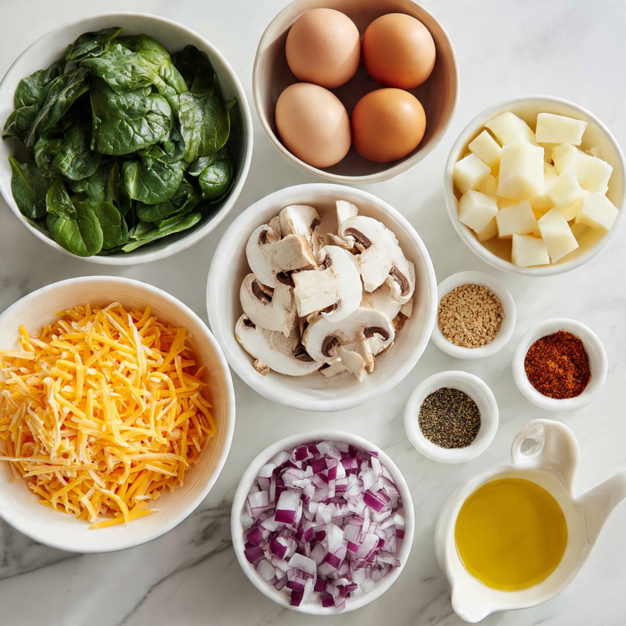 The image shows several white bowls arranged on a white marbled surface, each containing different ingredients. One large bowl holds a mix of brown and one white whole eggs. Another bowl is filled with fresh green spinach leaves, giving a leafy texture. There is a bowl of shredded orange cheddar cheese with thin, soft strands piled high. A bowl contains raw white mushrooms sliced thinly, showing the smooth pale texture with darker gills. Diced white potatoes fill a separate bowl with small cube shapes. Another bowl contains finely chopped red onions with purple and white layers visible. A small cup holds a light cream-colored liquid. Next to it is a small white dish with four sections, each with different spices: black pepper, white salt, reddish paprika, and a brown spice. A clear glass cup with golden olive oil is also present, adding a bright translucent yellow color. photo taken with an iphone --ar 4:5 --v 7