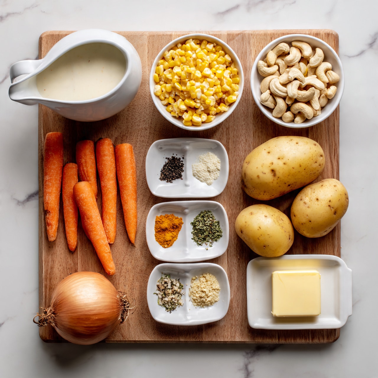 This image shows a wooden cutting board with an assortment of ingredients arranged neatly on top. There are three whole yellow potatoes placed near the center-right, beside a white bowl filled with yellow corn kernels. Above the potatoes, there is another white bowl containing whole cashew nuts, and to the right of it, a small white bowl holds a mix of spices in four sections: black seeds, green herbs, orange powder, and white powder. A white gravy boat with a creamy white liquid is on the upper left corner, next to two whole orange carrots and a brown onion. On the bottom right of the corn bowl, there is a small white dish with a square piece of butter. The cutting board rests on a white marbled surface. Photo taken with an iphone --ar 4:5 --v 7
