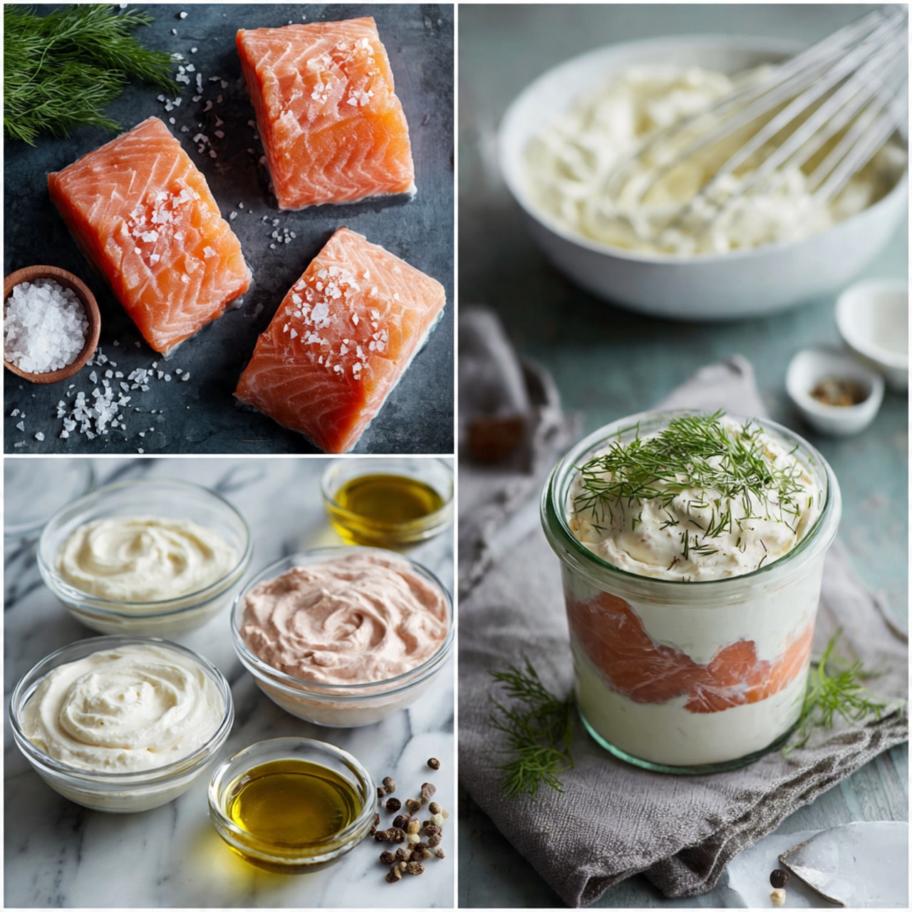 The image collage shows the process and final look of a creamy salmon spread. The top left has three pinkish-orange salmon pieces with white marbled texture bowls of salt and minced garlic beside them on a dark surface. The top right shows a bowl of thick white creamy mixture next to a whisk on a white marbled surface with a gray cloth. The center image is a close-up of a clear glass jar filled with a two-layer creamy mix: a thick whipped white base and a salmon-colored creamy layer on top, garnished with fresh green dill and sprinkled black pepper. The bottom left shows three bowls with creamy spreads in different colors: white, pale pink, and a deeper salmon pink, arranged on a white marbled surface with a gray cloth. The bottom right shows a food processor bowl filled with a salmon spread mixed with herbs next to small bowls of salt, dill, olive oil, and mustard on a white marbled texture. photo taken with an iphone --ar 4:5 --v 7